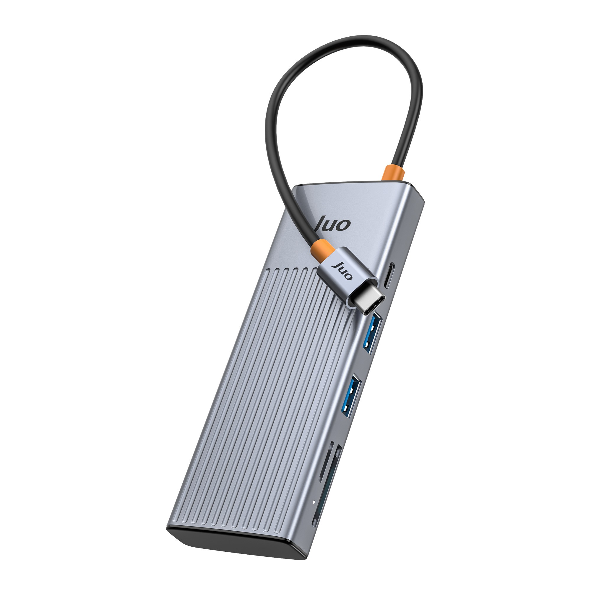 Beyaz arka planda çoklu bağlantı noktalarına ve bağlı kabloya sahip gri USB-C hub.