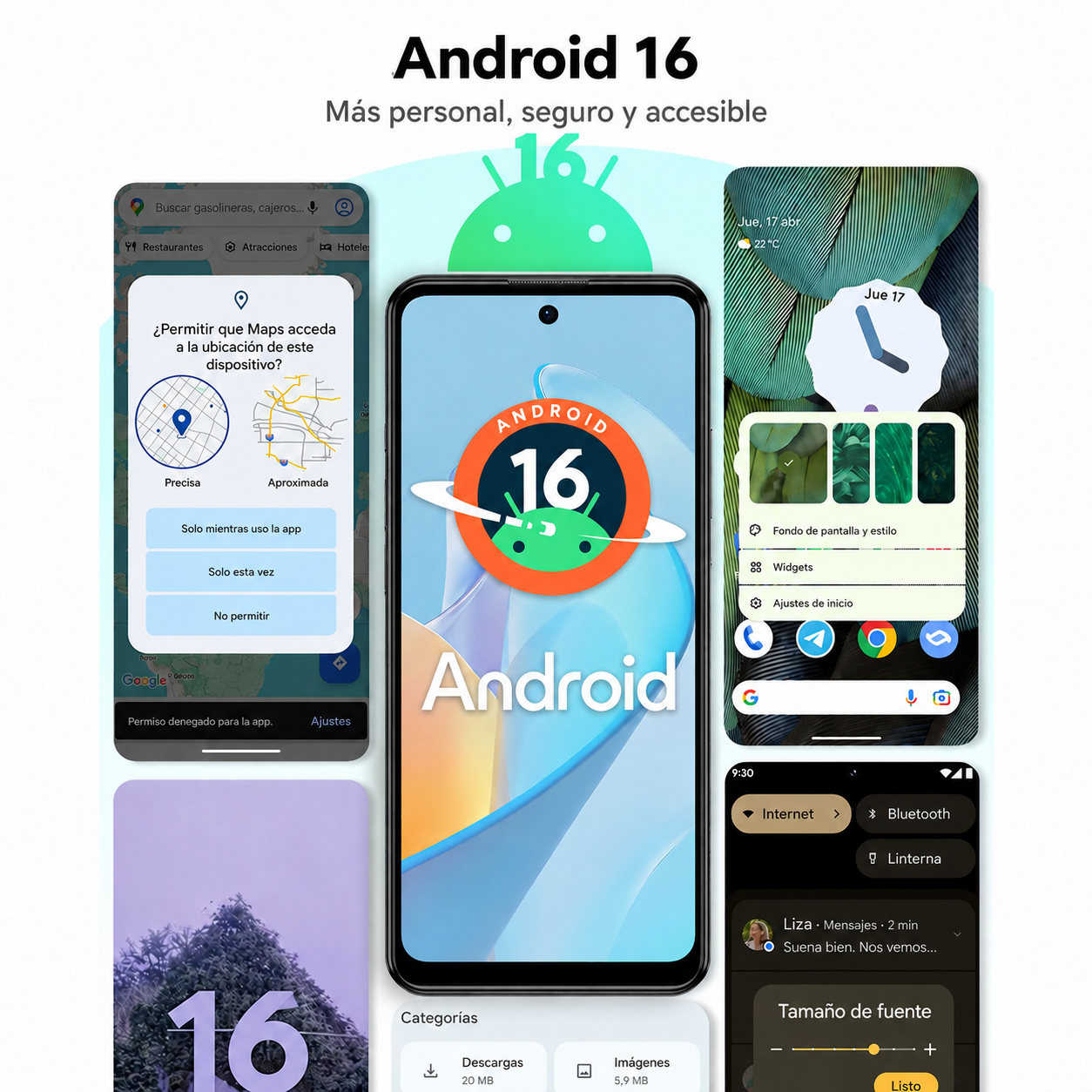 Gráfico promocional de Android 16 con un teléfono que muestra la pantalla de inicio y menús.
