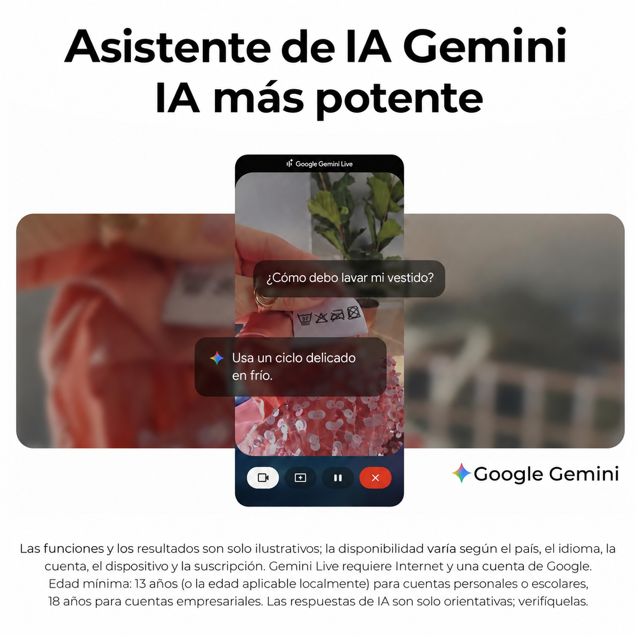 Smartphone muestra la aplicación Google Gemini AI con análisis de etiqueta de ropa y chat.