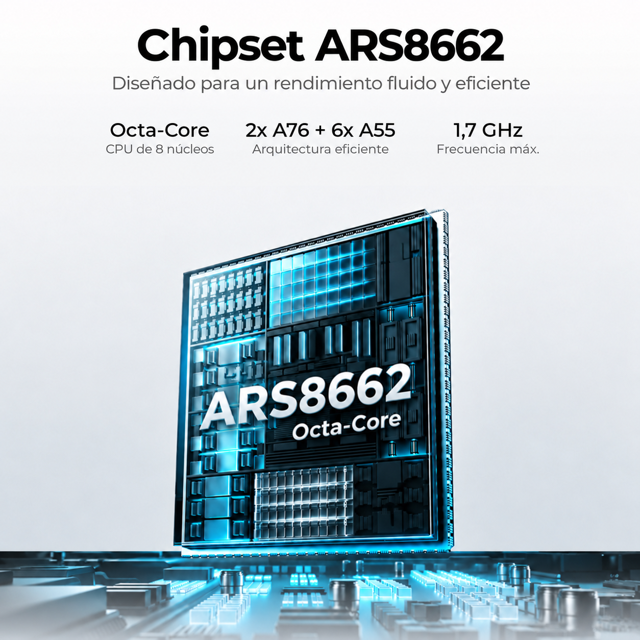 Gráfico del chipset ARS8662 octa-core con especificaciones y un microchip iluminado.
