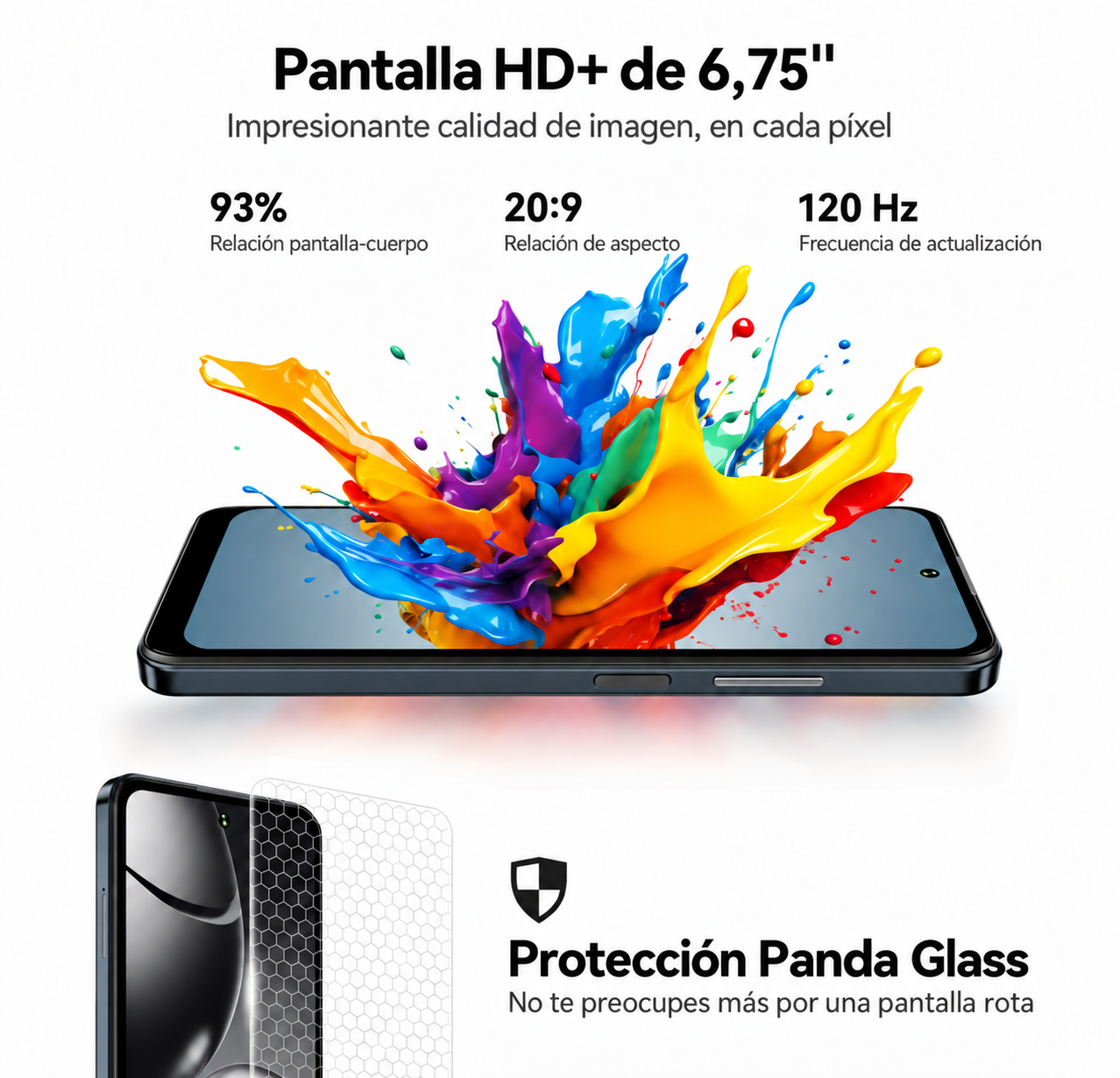 Un teléfono muestra salpicaduras de pintura coloridas, texto y protección Panda Glass.