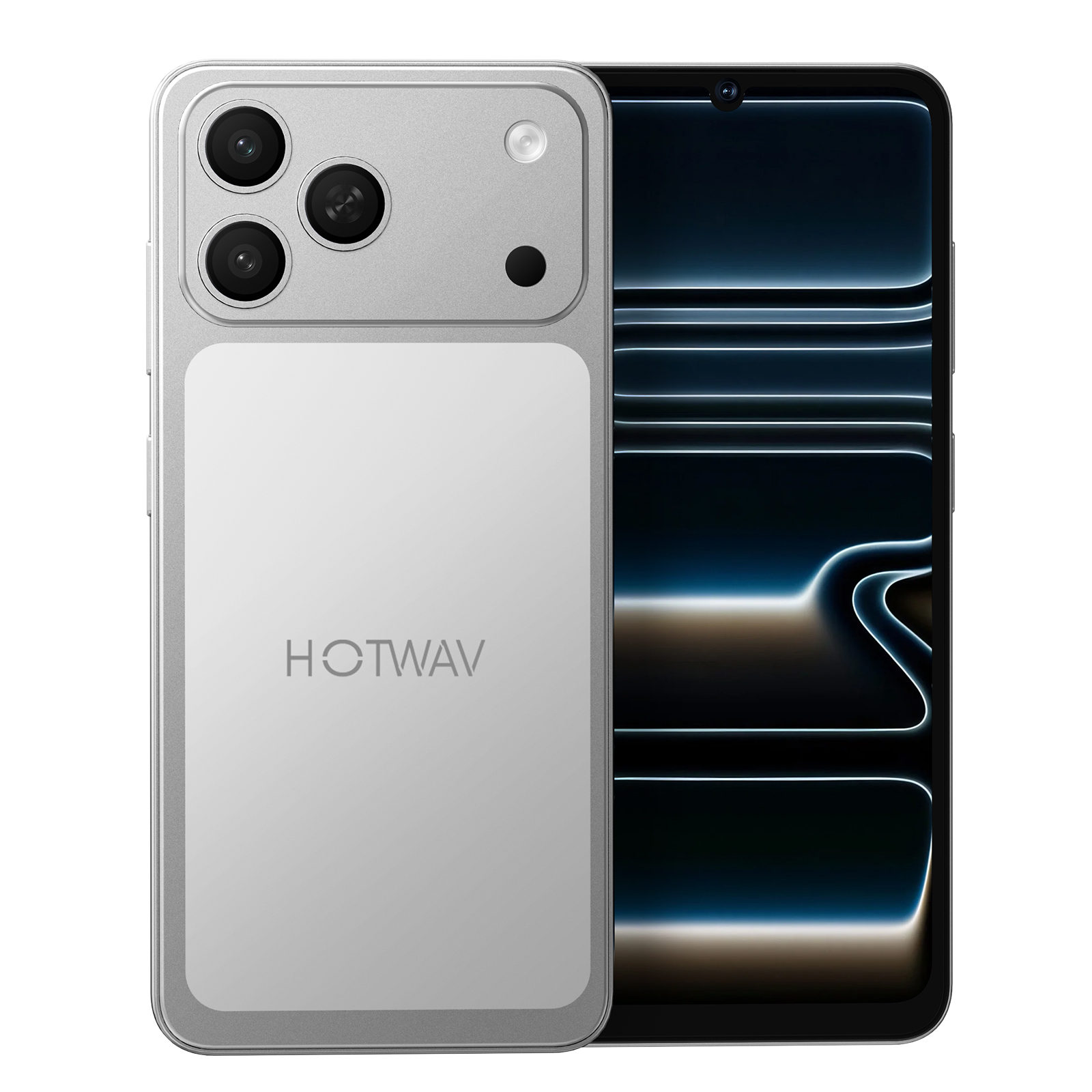 Smartphone plateado Hotwav mostrado de frente y por detrás.