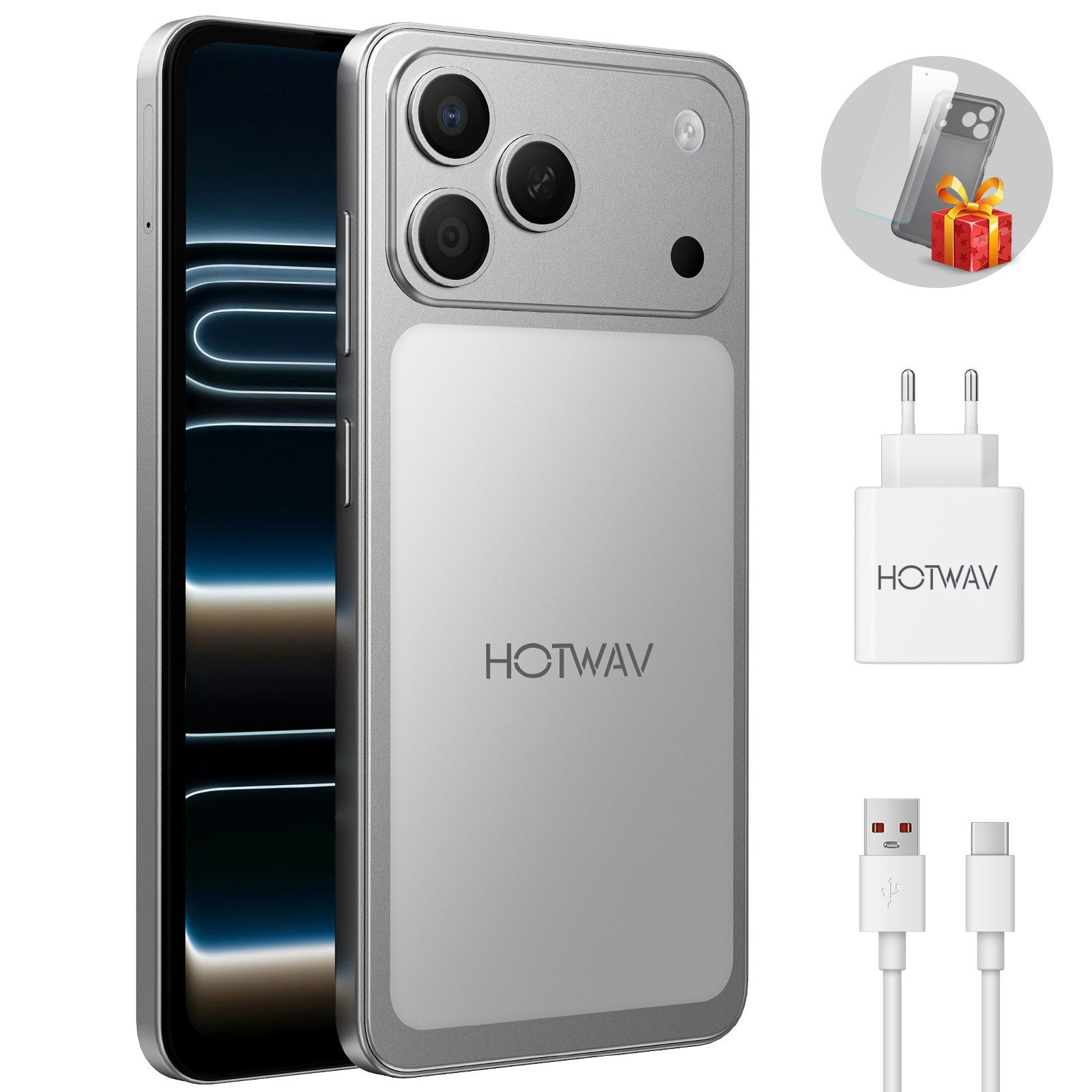 Teléfono inteligente Hotwav plateado con cámara triple, cargador y accesorios.