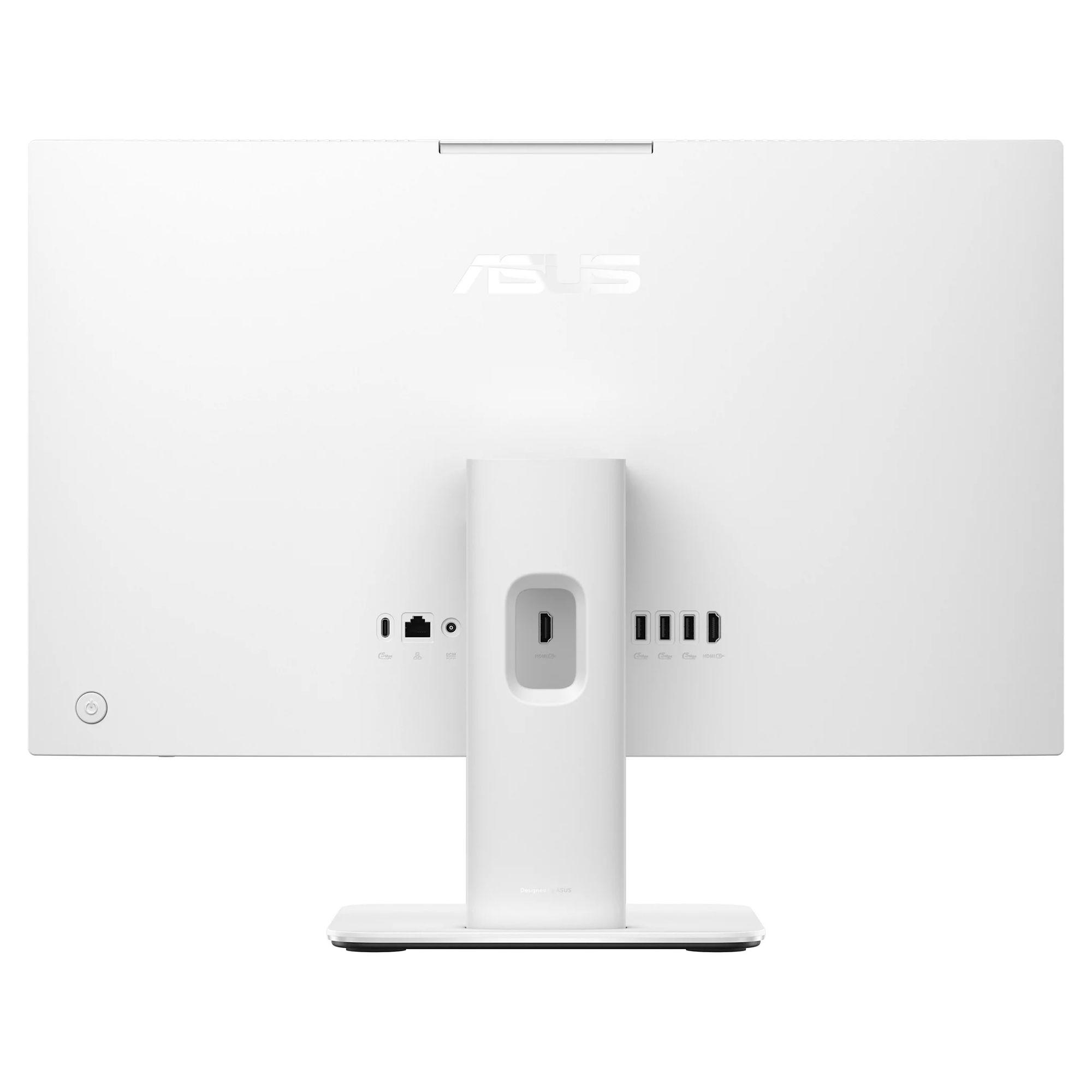 Bağlantı noktaları, standı ve güç düğmesi görünen beyaz bir Asus hepsi bir arada bilgisayarın arka görünümü.