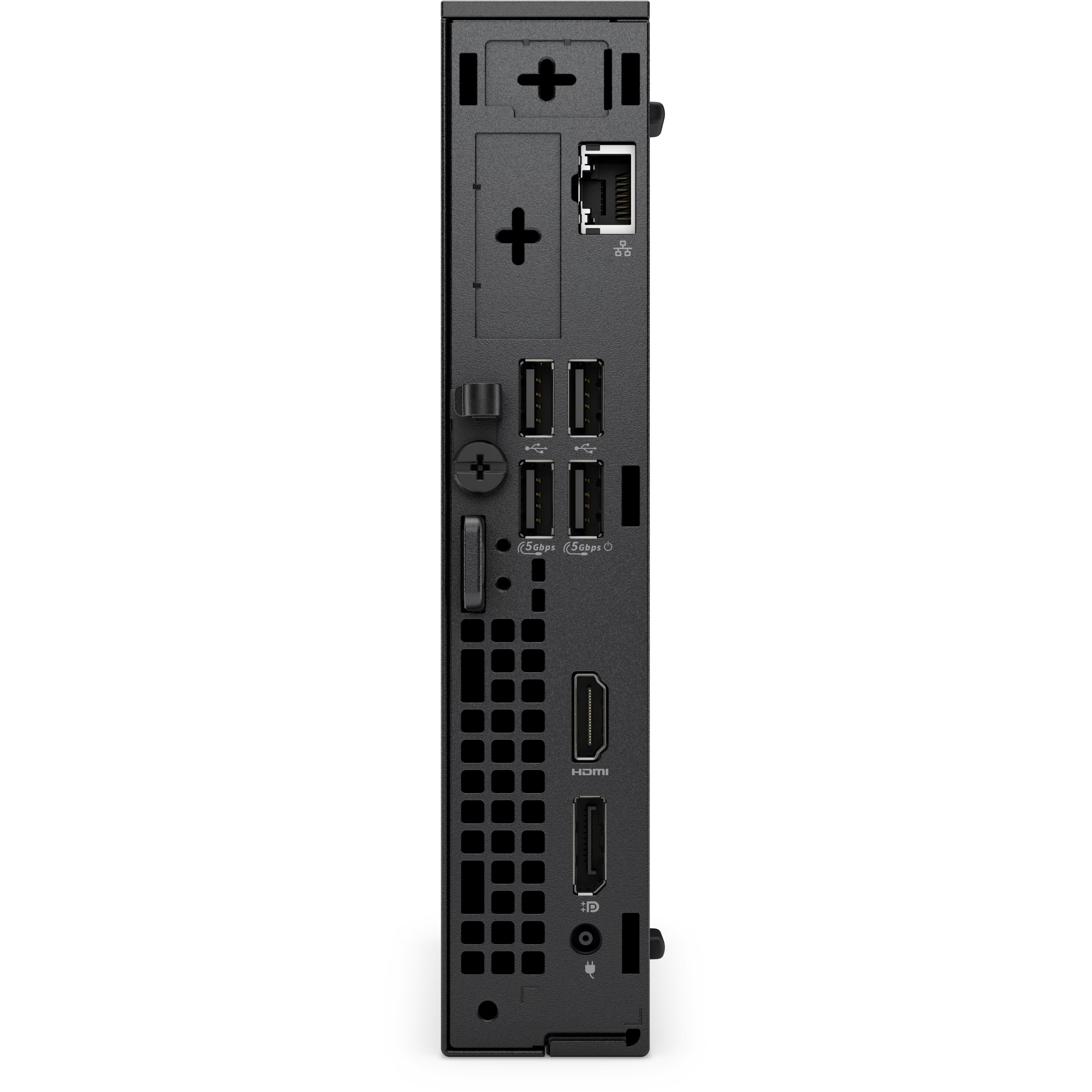 Ethernet, USB, HDMI, DisplayPort ve güç bağlantı noktalarına sahip siyah bir mini PC'nin arka paneli.