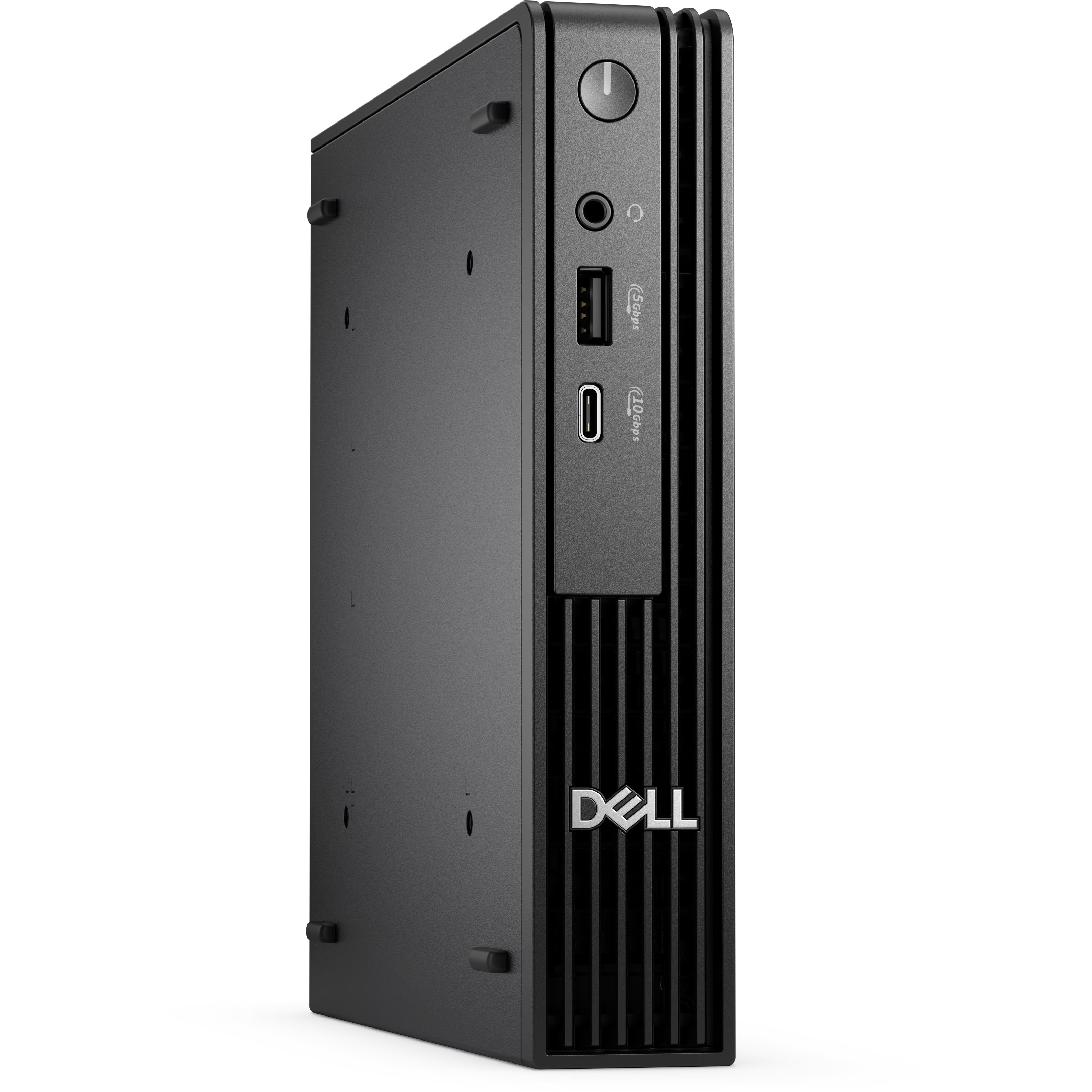 Beyaz arka planda ön bağlantı noktalarına ve güç düğmesine sahip siyah Dell mini PC.