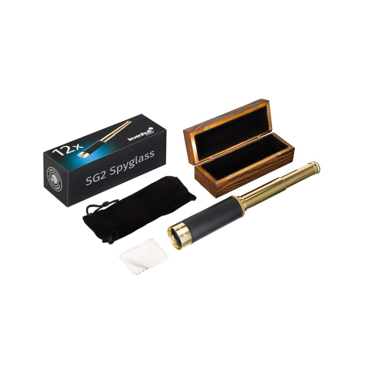 Goldfarbenes Spyglass mit Holzetui, schwarzer Box, Tasche und Reinigungstuch.