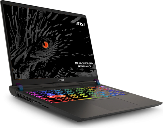 RGB aydınlatmalı klavyeye ve ejderha duvar kağıdına sahip siyah bir MSI oyuncu dizüstü bilgisayarı.
