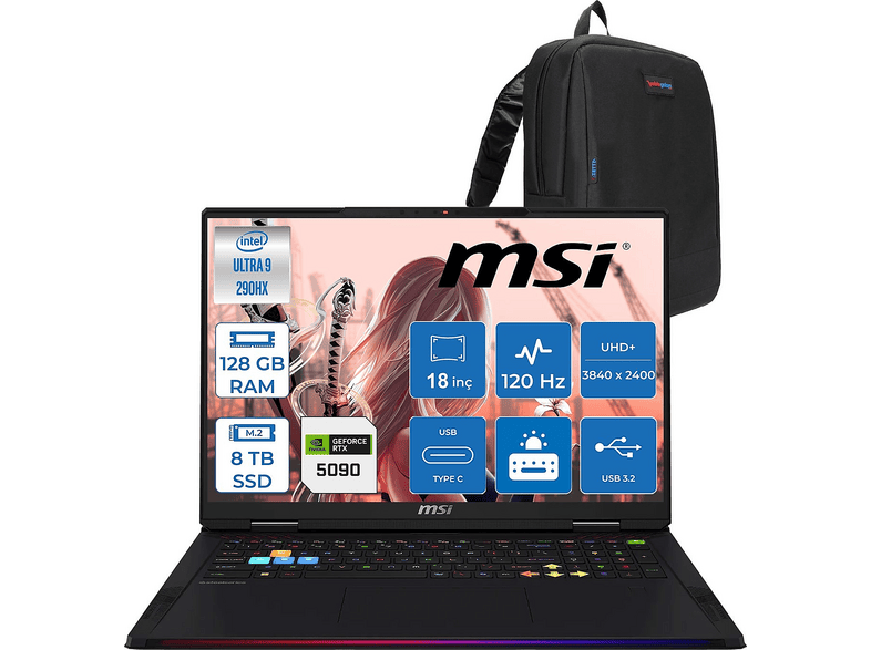 MSI Raider 18 Max HX RTX1059 1059TRF30 Intel Core Ultra 9 290HX 128 GB RAM 8 TB SSD 18 inç FreeDOS Laptop+Çanta Siyah