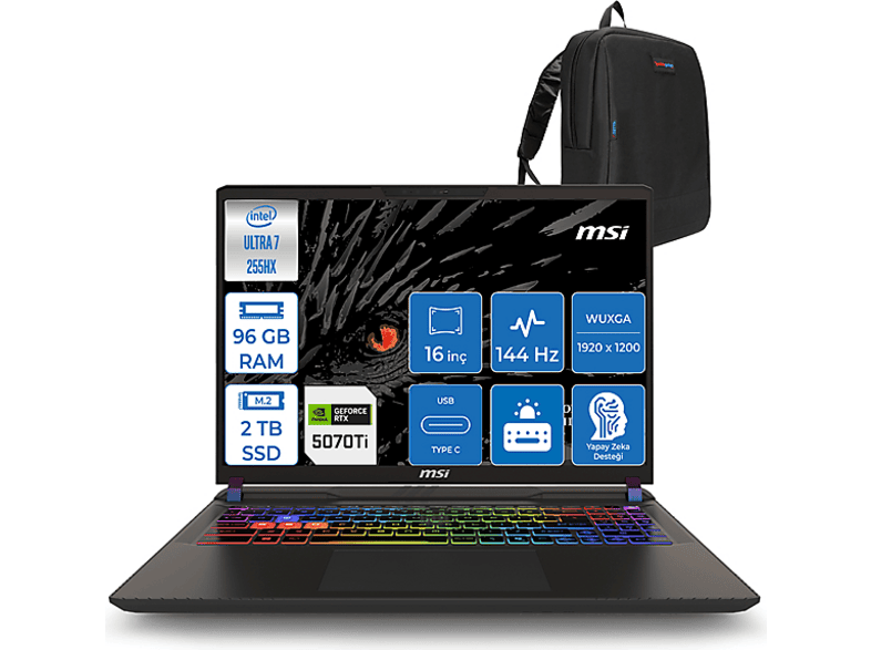 MSI Vector 16 HX AI 091XTRF27 Intel Core Ultra 7 255HX 96 GB RAM 2 TB SSD 16 inç FreeDOS Laptop+Çanta Gri