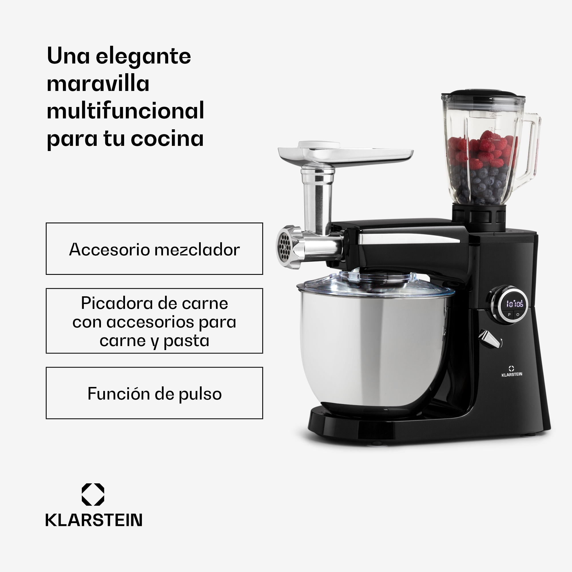 Impastatrice nera Klarstein con accessorio frullatore, tritacarne e ciotola in acciaio inossidabile.