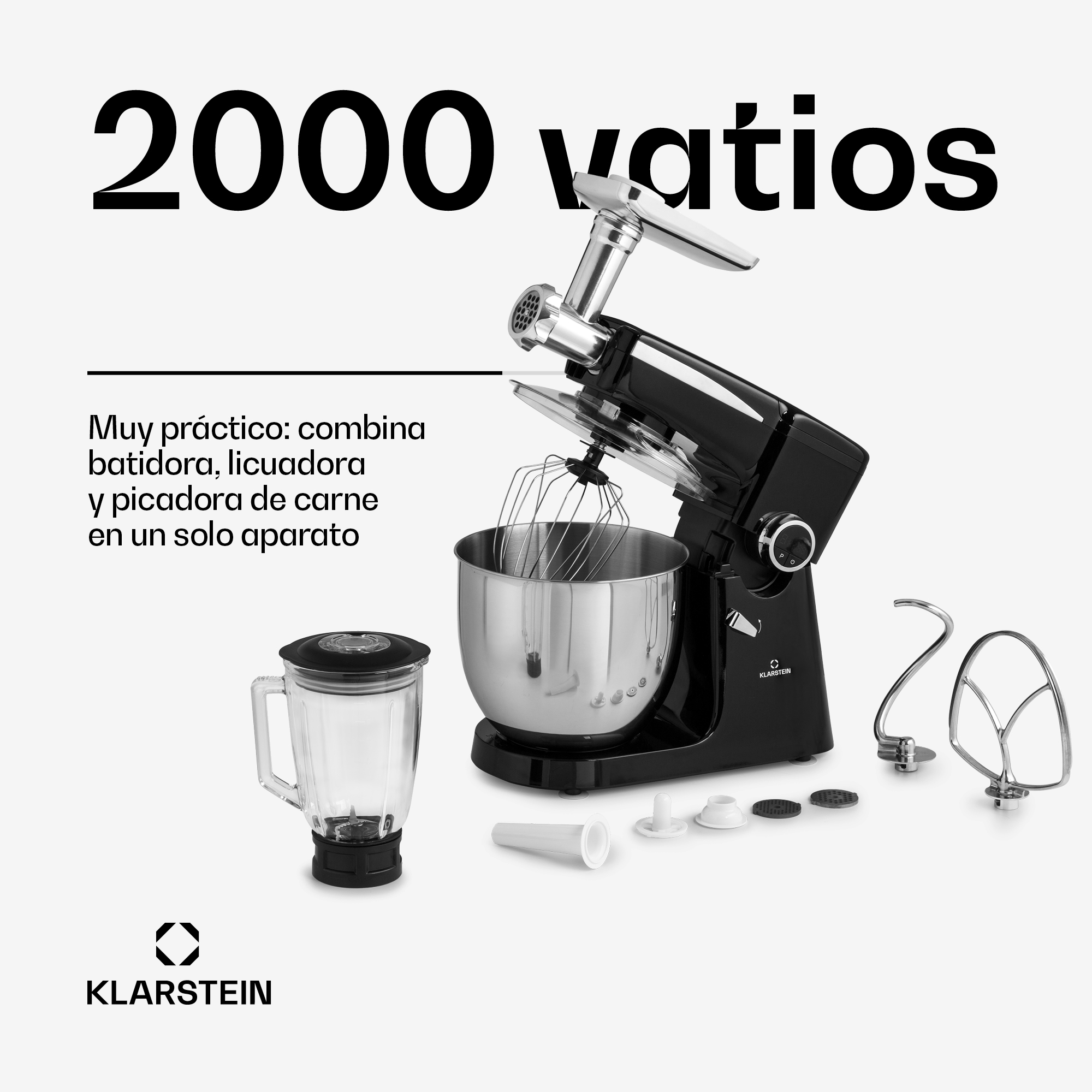 Robot da cucina Klarstein nero con accessorio frullatore, tritacarne e vari accessori.