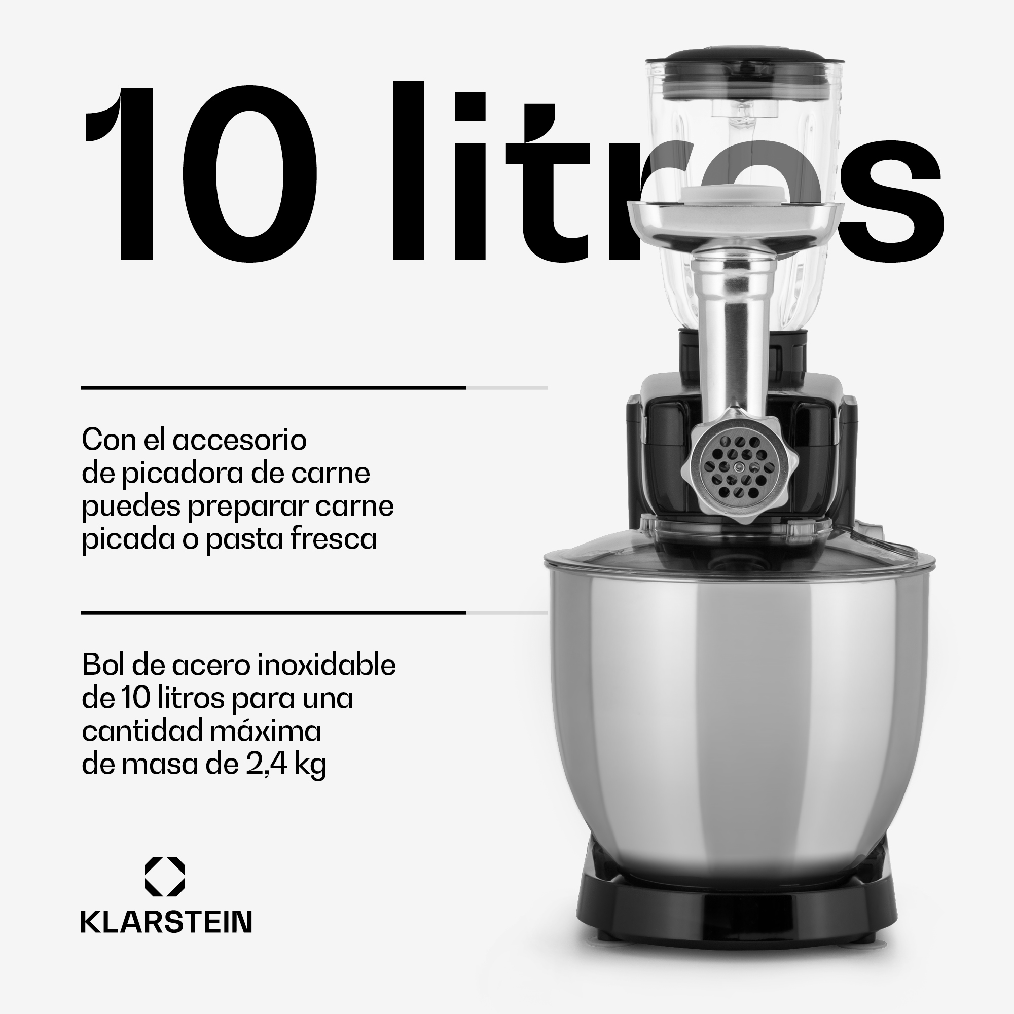 Impastatrice Klarstein con ciotola in acciaio inox da 10L e accessorio tritacarne.