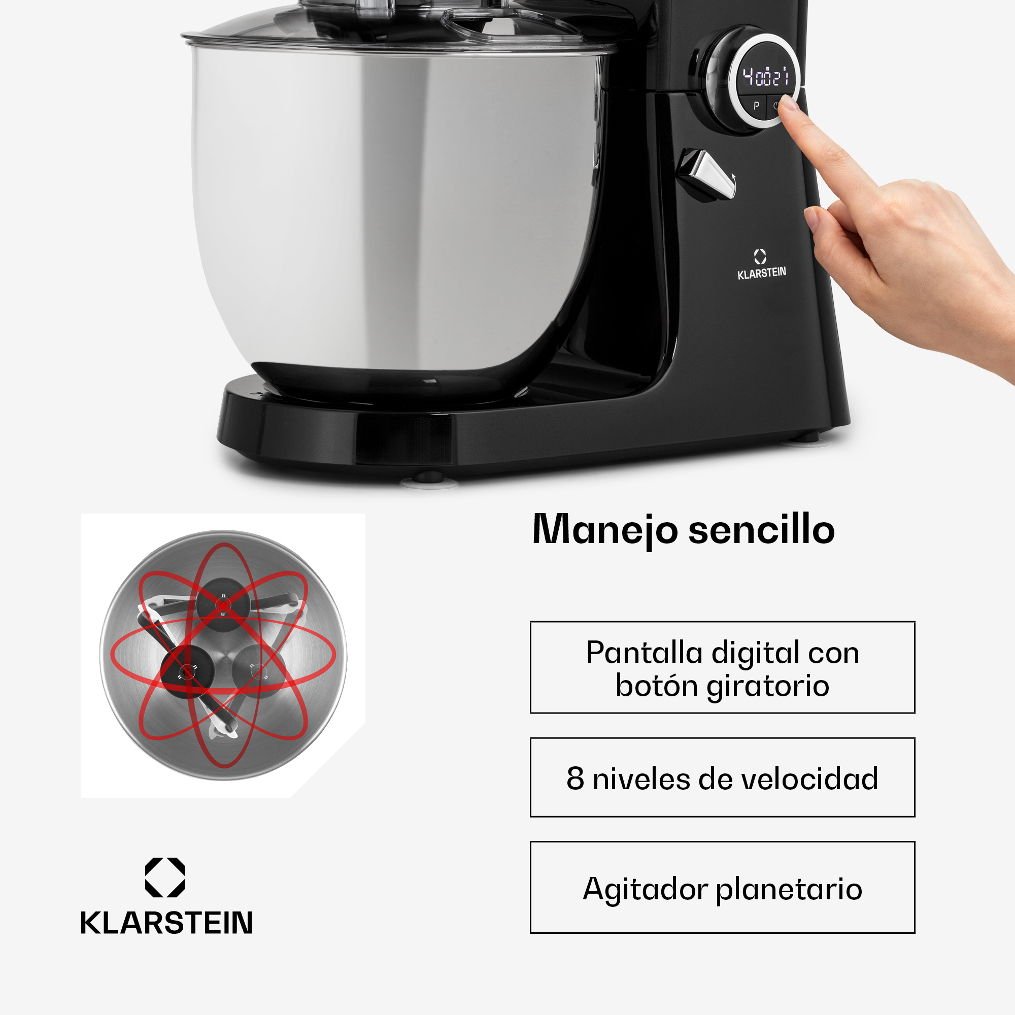 Mano aziona impastatrice nera con display digitale, ciotola in acciaio e schema di movimento.