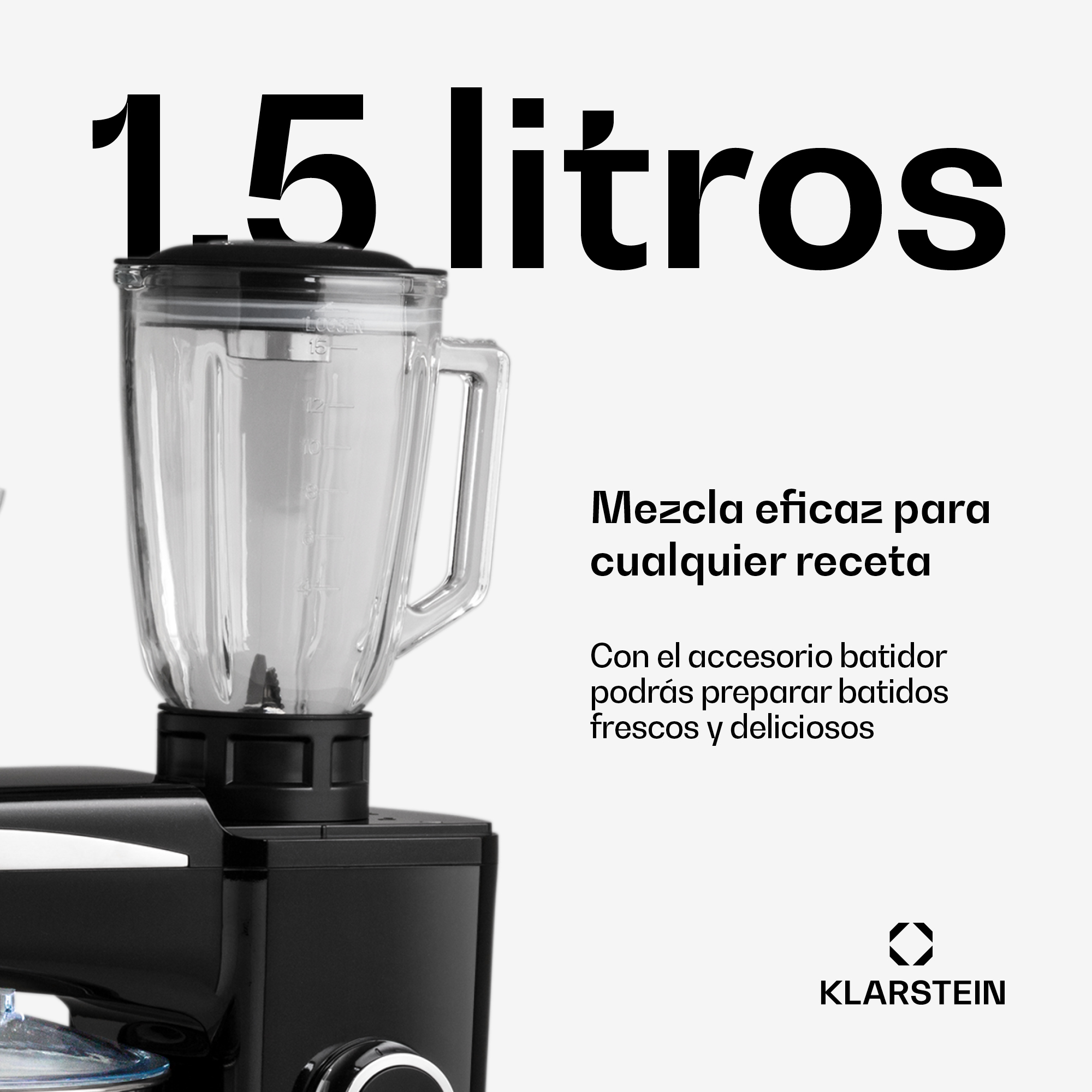 Un frullatore nero con bicchiere in vetro da 1,5 litri e testo in spagnolo su sfondo bianco.