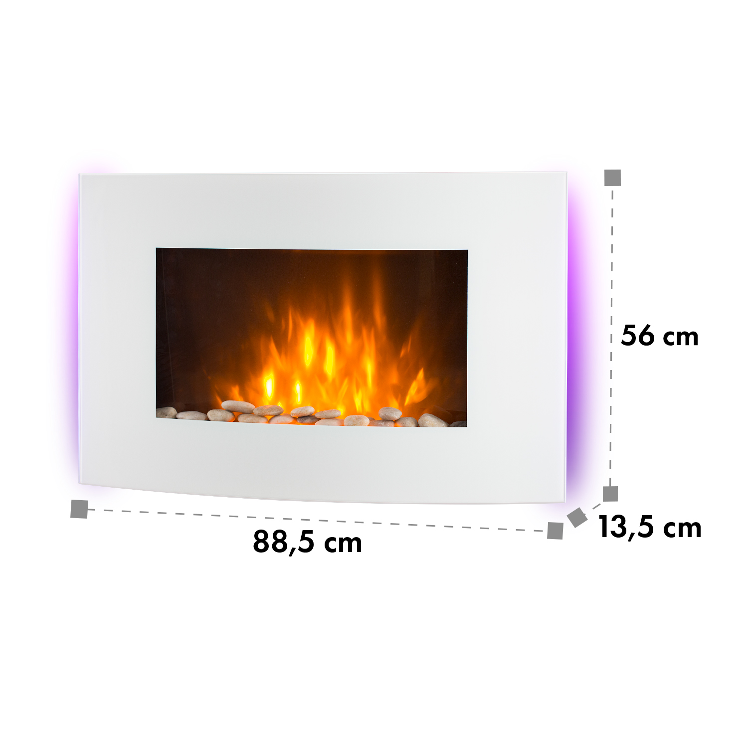 Wandkamin mit weißem Rahmen, Feuer- und Steinoptik, sowie Maßangaben: 88,5 x 56 x 13,5 cm.