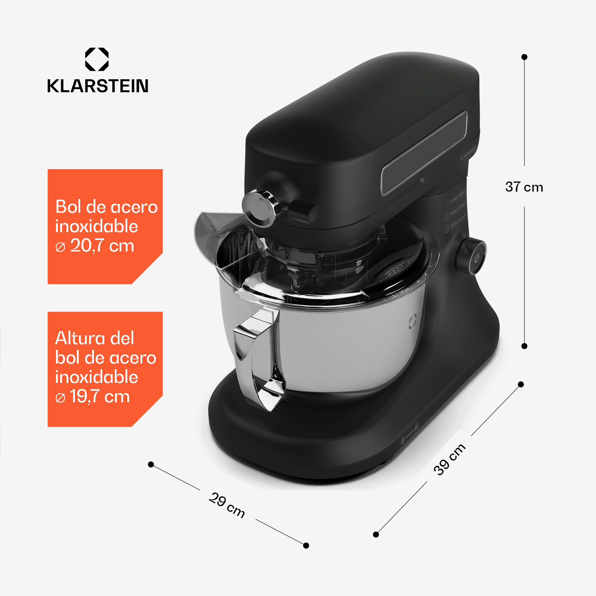 Schwarze Klarstein Küchenmaschine mit Edelstahl-Rührschüssel und Maßangaben.