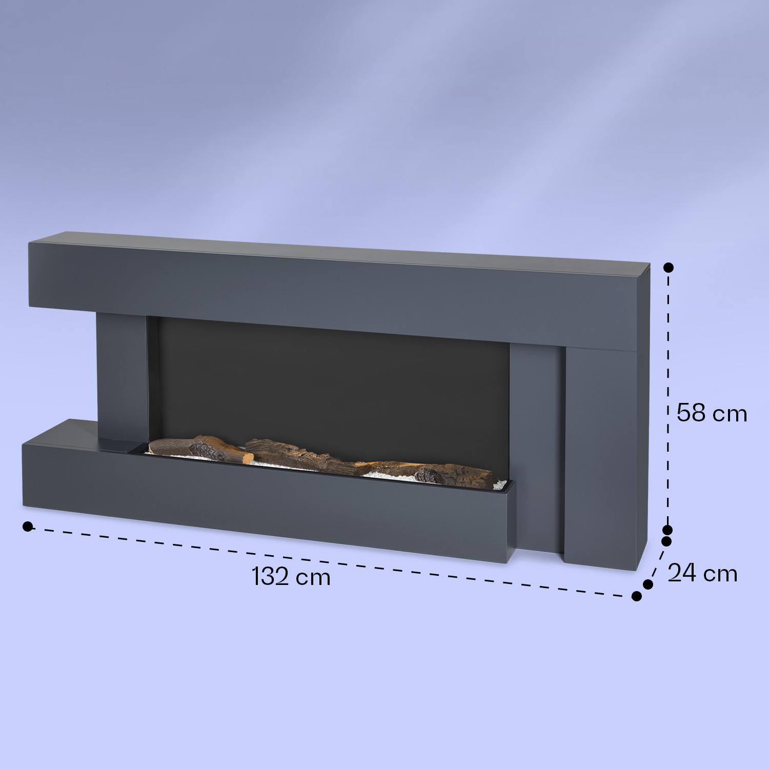 Un moderno caminetto elettrico grigio di 132 cm di larghezza, 58 cm di altezza e 24 cm di profondità, su sfondo blu.