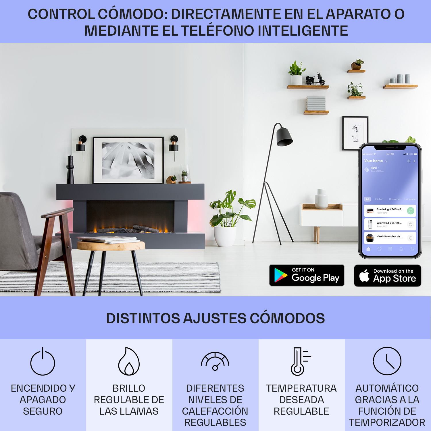Un soggiorno con camino elettrico, uno smartphone con controlli e icone degli store di app.