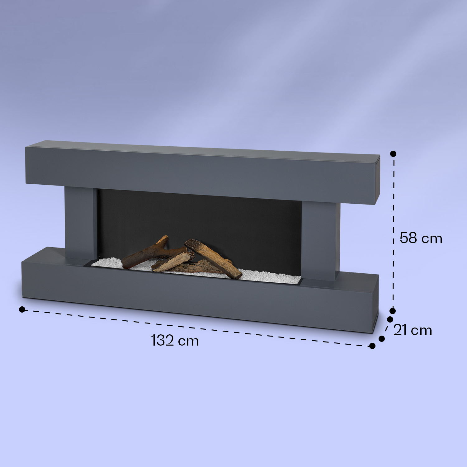 Camino elettrico grigio con ceppi e dimensioni di 132 cm di larghezza, 58 cm di altezza e 21 cm di profondità.