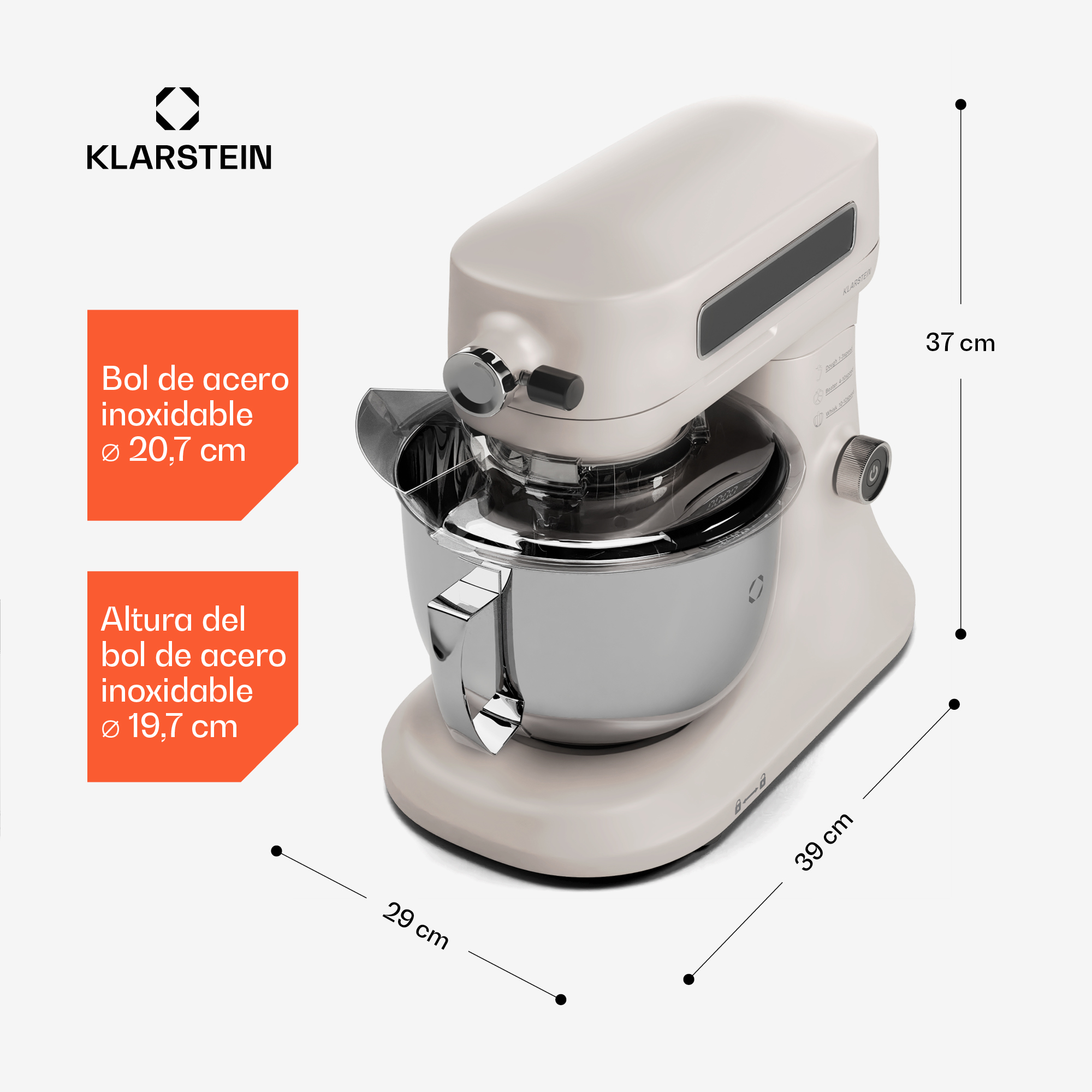 Beige Klarstein-Küchenmaschine mit Edelstahlschüssel und Maßangaben.