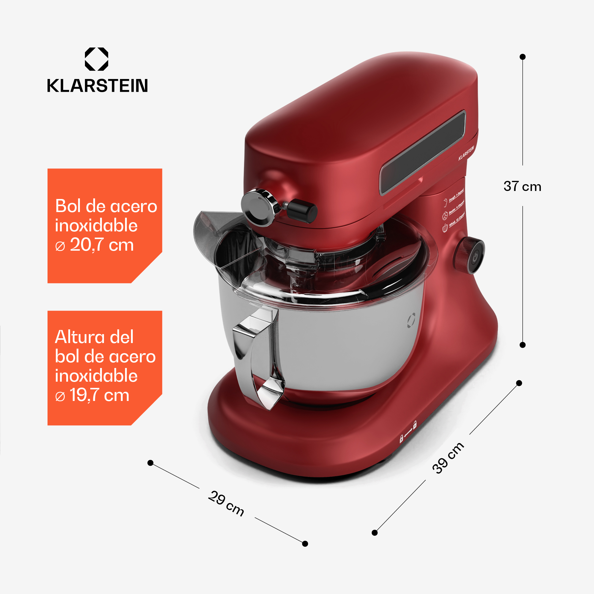 Rote Klarstein Küchenmaschine mit Edelstahlschüssel und den Maßen 37 cm Höhe, 29 cm Breite und 39 cm Länge.
