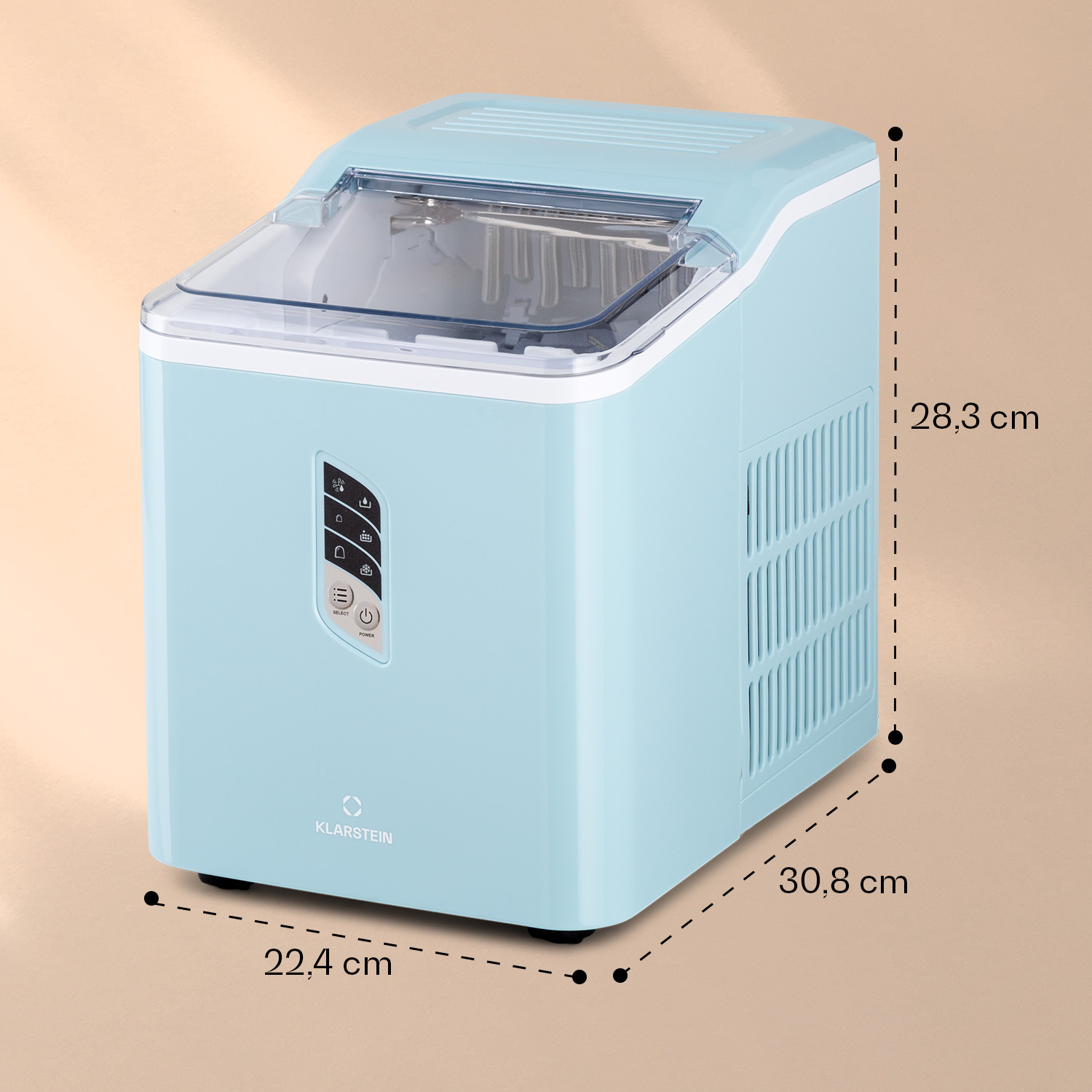 Macchina per ghiaccio Klarstein azzurra con pannello di controllo e misure su sfondo beige.