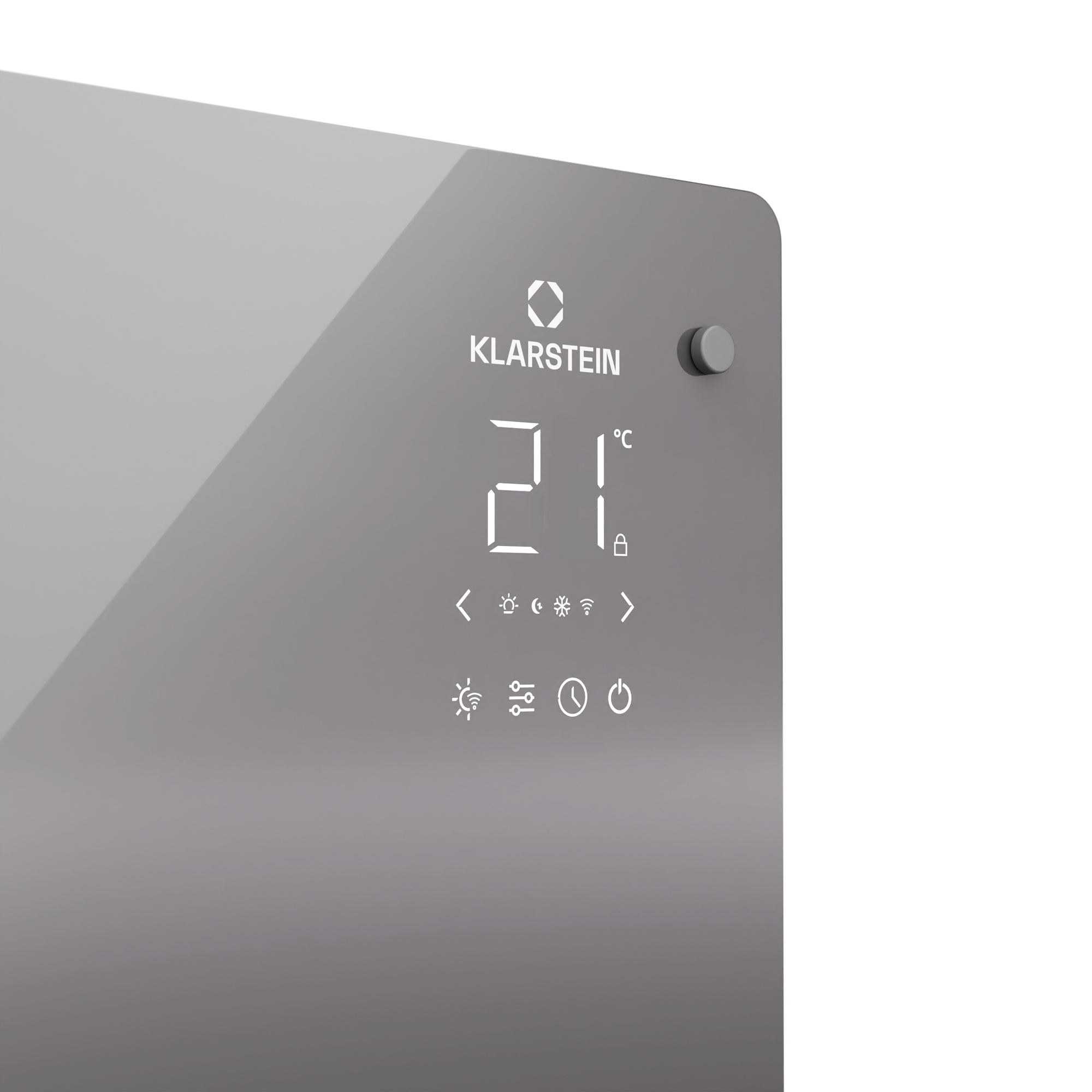 Graues Klarstein-Heizgerät mit digitaler Anzeige und Temperaturanzeige von 21 Grad Celsius gegen weißen Hintergrund.