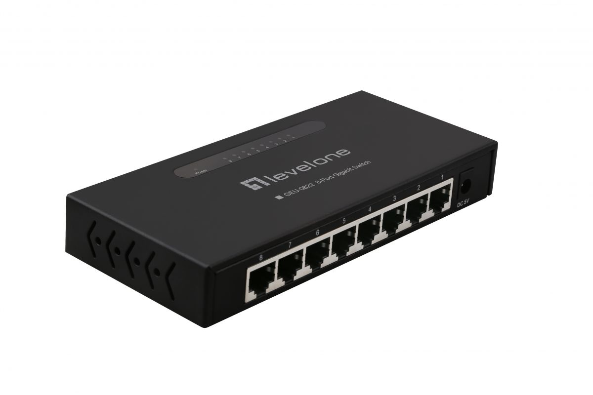 Conmutador gigabit negro LevelOne de 8 puertos con puertos RJ45 sobre fondo blanco.
