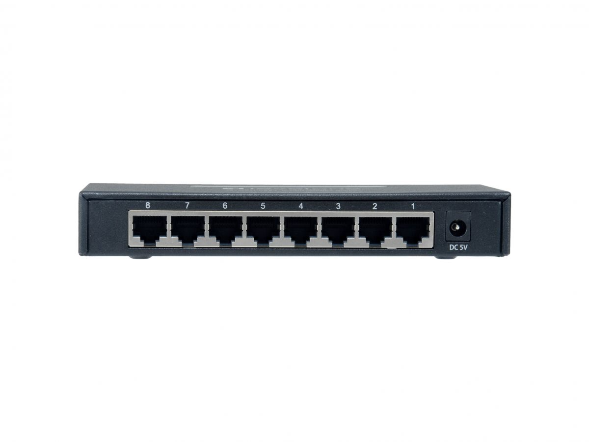 Un conmutador de red negro de 8 puertos con puertos numerados del 1 al 8 y un conector DC 5V sobre fondo blanco.