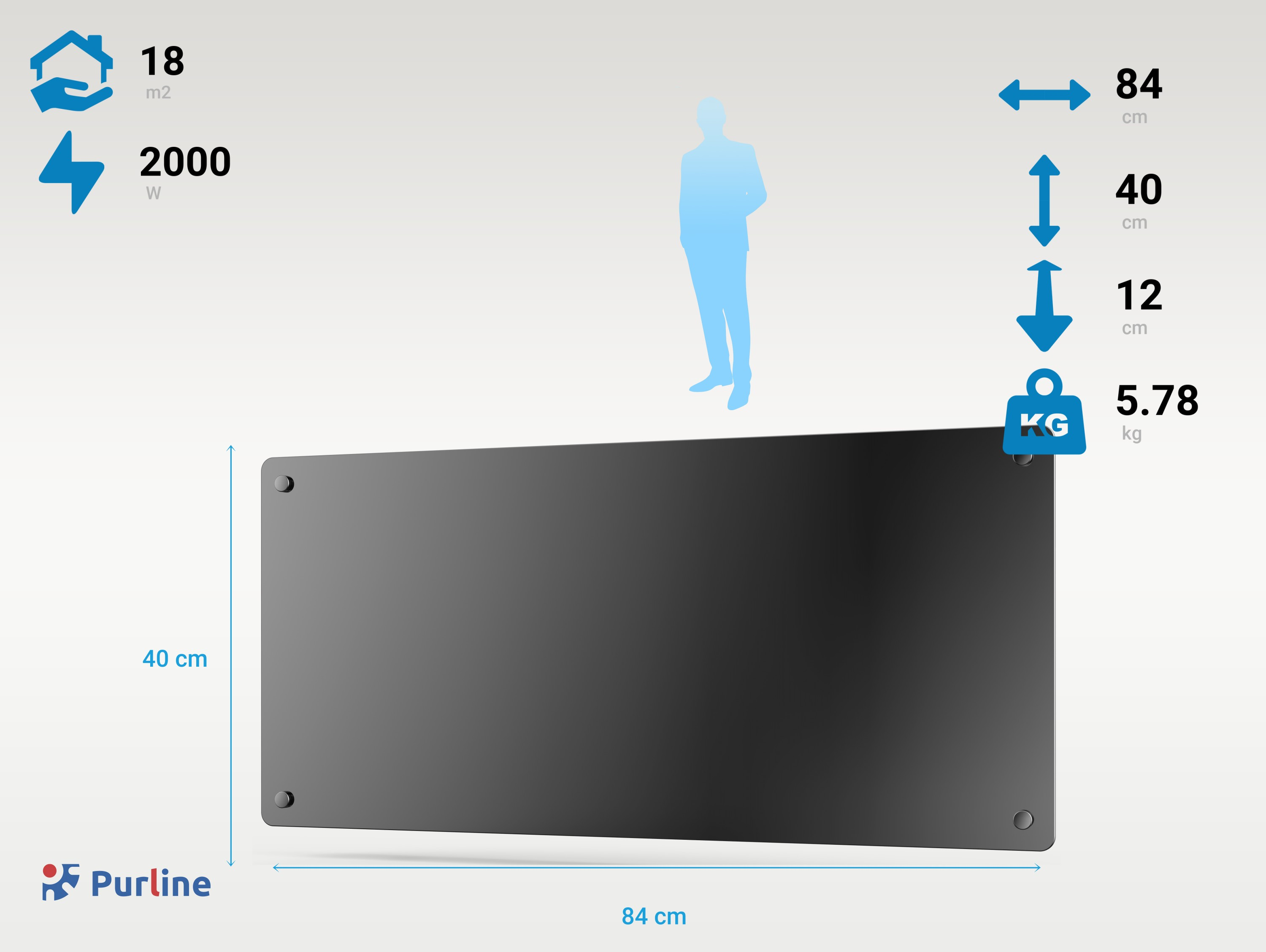 El diagrama muestra dimensiones, peso y potencia de un panel calefactor Purline negro.