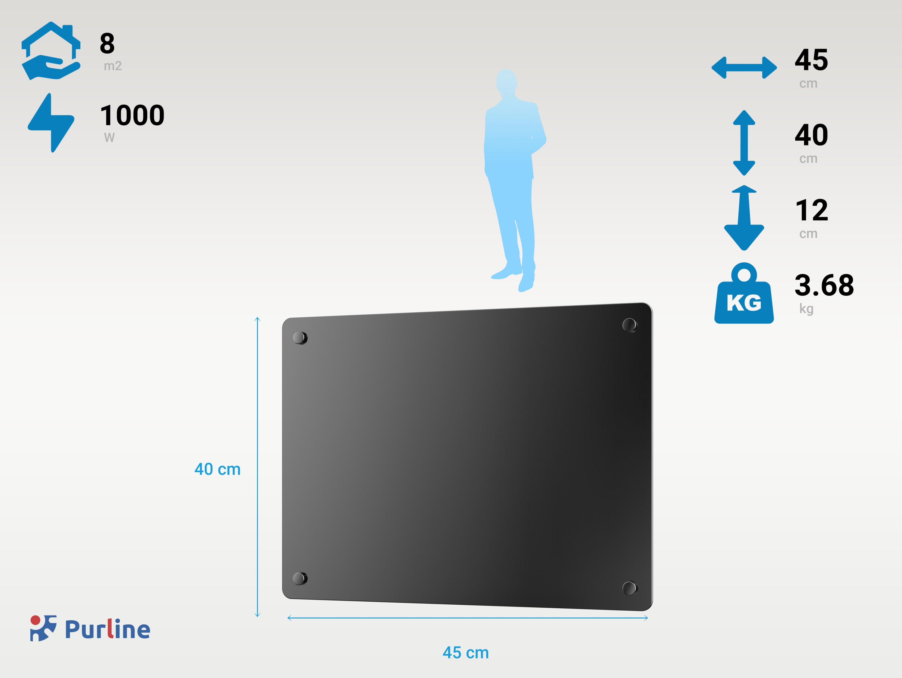 Diagrama muestra calefactor infrarrojo negro de 1000W, medidas 45x40 cm, peso 3.68 kg y logo Purline.