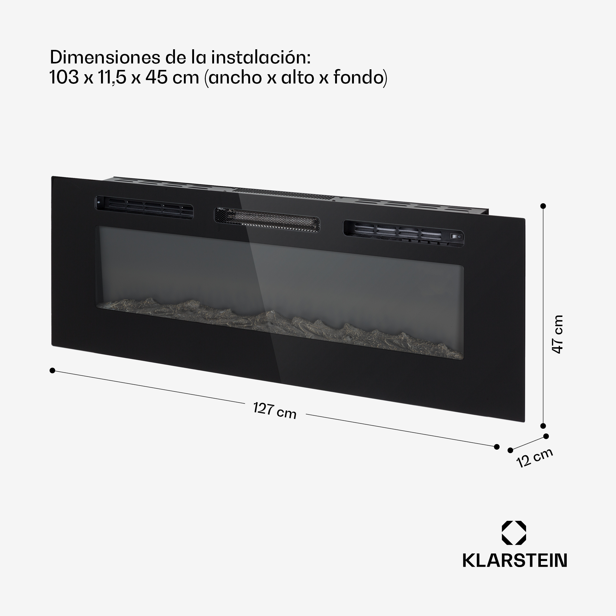 Schema che mostra le dimensioni di installazione e totali di un camino elettrico Klarstein.