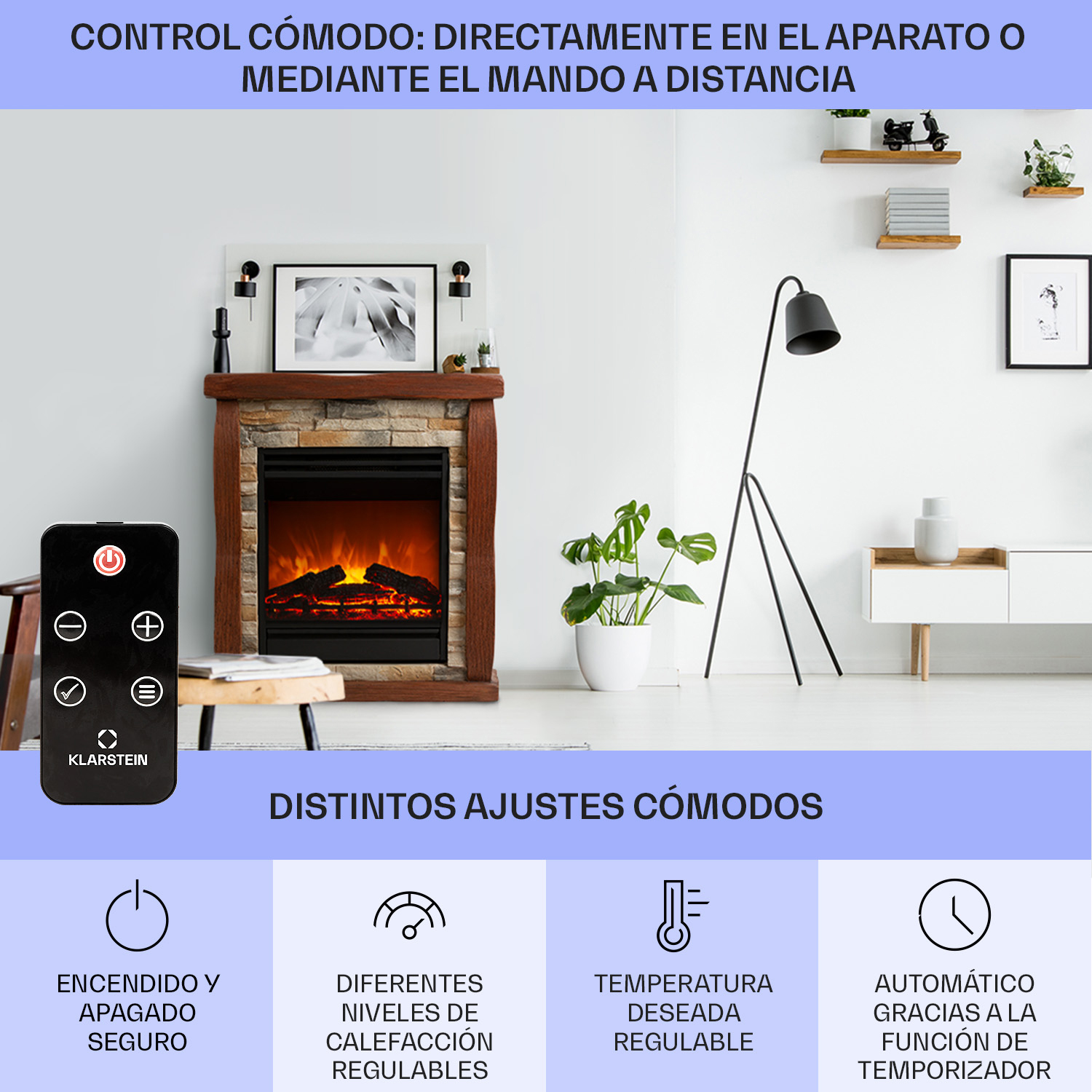 Un telecomando e un soggiorno con camino elettrico, lampada, piante e mensole.