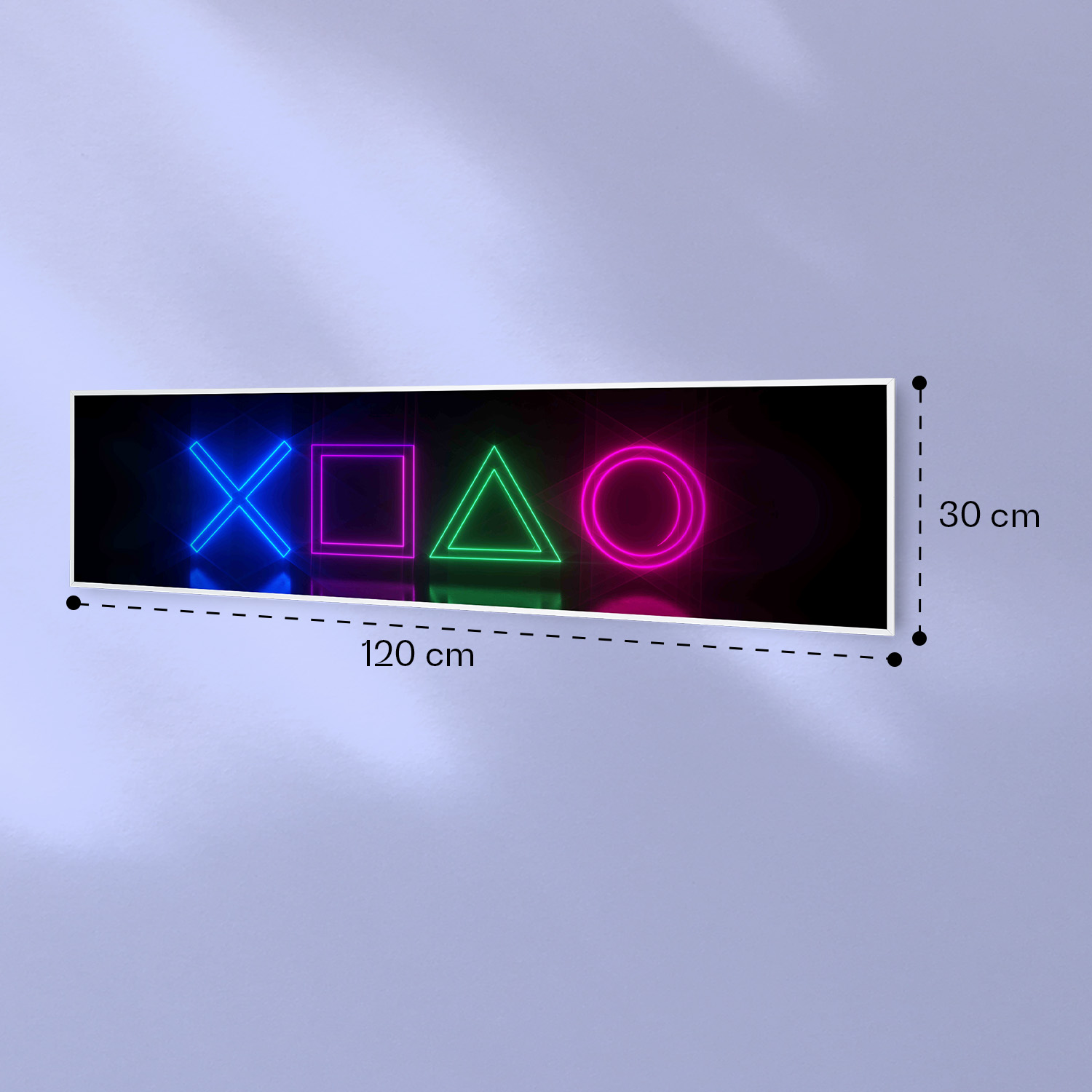 Un quadro LED rettangolare con simboli PlayStation, di 120x30 cm, su una parete azzurra.