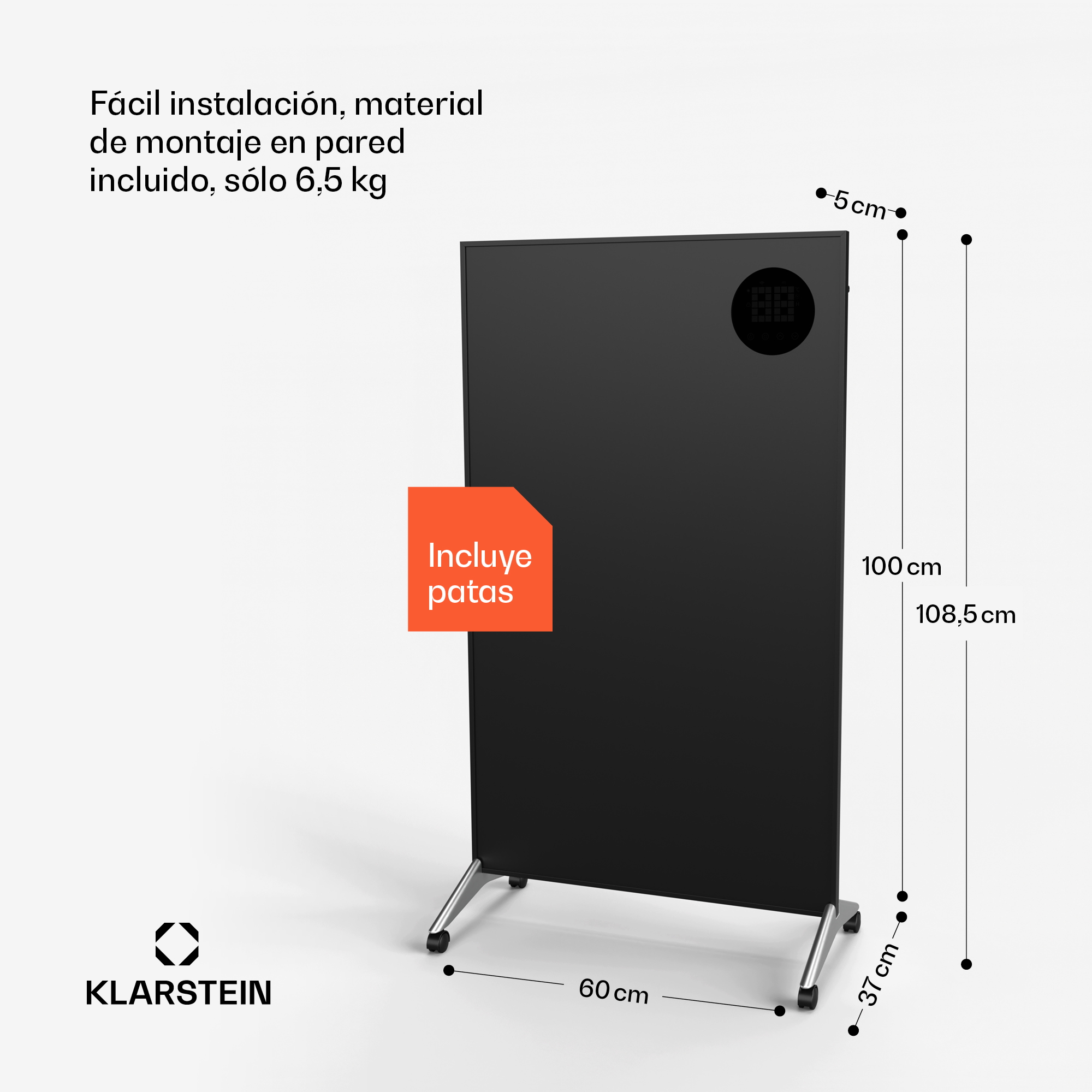 Schwarzes Klarstein-Heizpaneel mit Füßen und Maßangaben auf hellem Hintergrund.