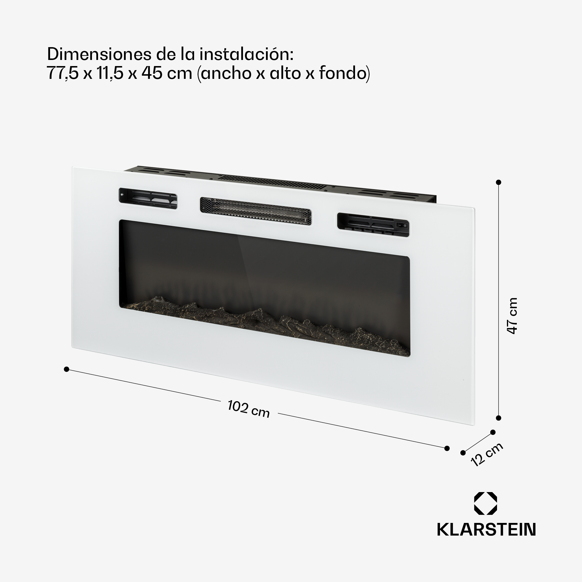 Il diagramma mostra le dimensioni di un caminetto elettrico bianco: 102x47x12 cm.