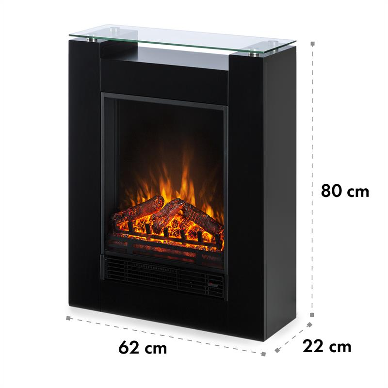 Schwarzer elektrischer Kamin mit Glasplatte oben und roten Flammen, Maße 80x62x22 cm.