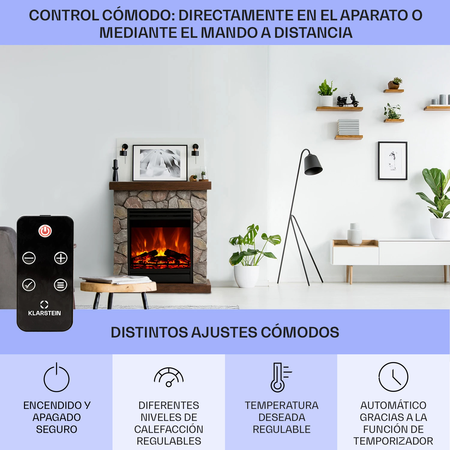 Wohnzimmer mit Steinkamin, Fernbedienung und Funktionssymbolen für Heizung und Timer.