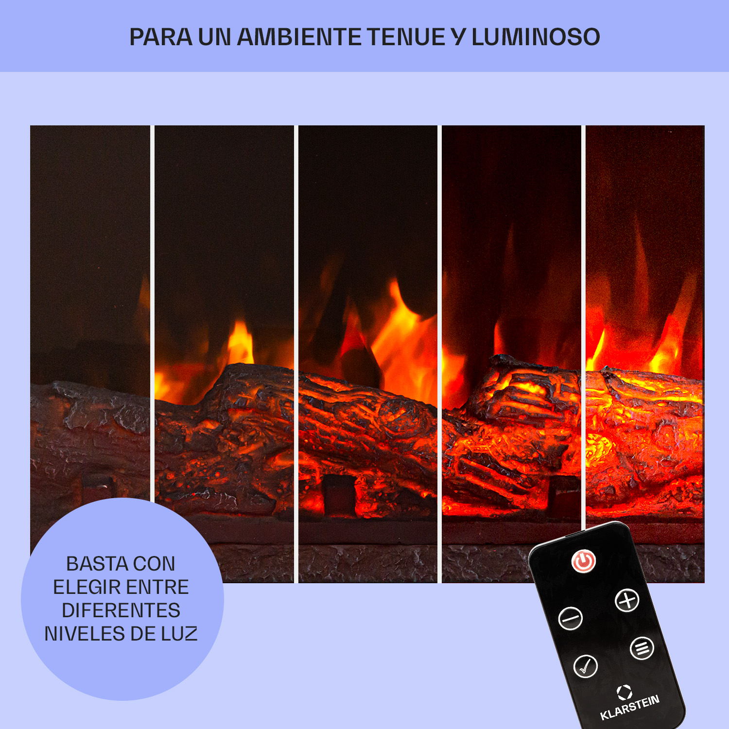 Ein Elektrokamin mit fünf verschiedenen Flammenhelligkeitsstufen und einer Fernbedienung.