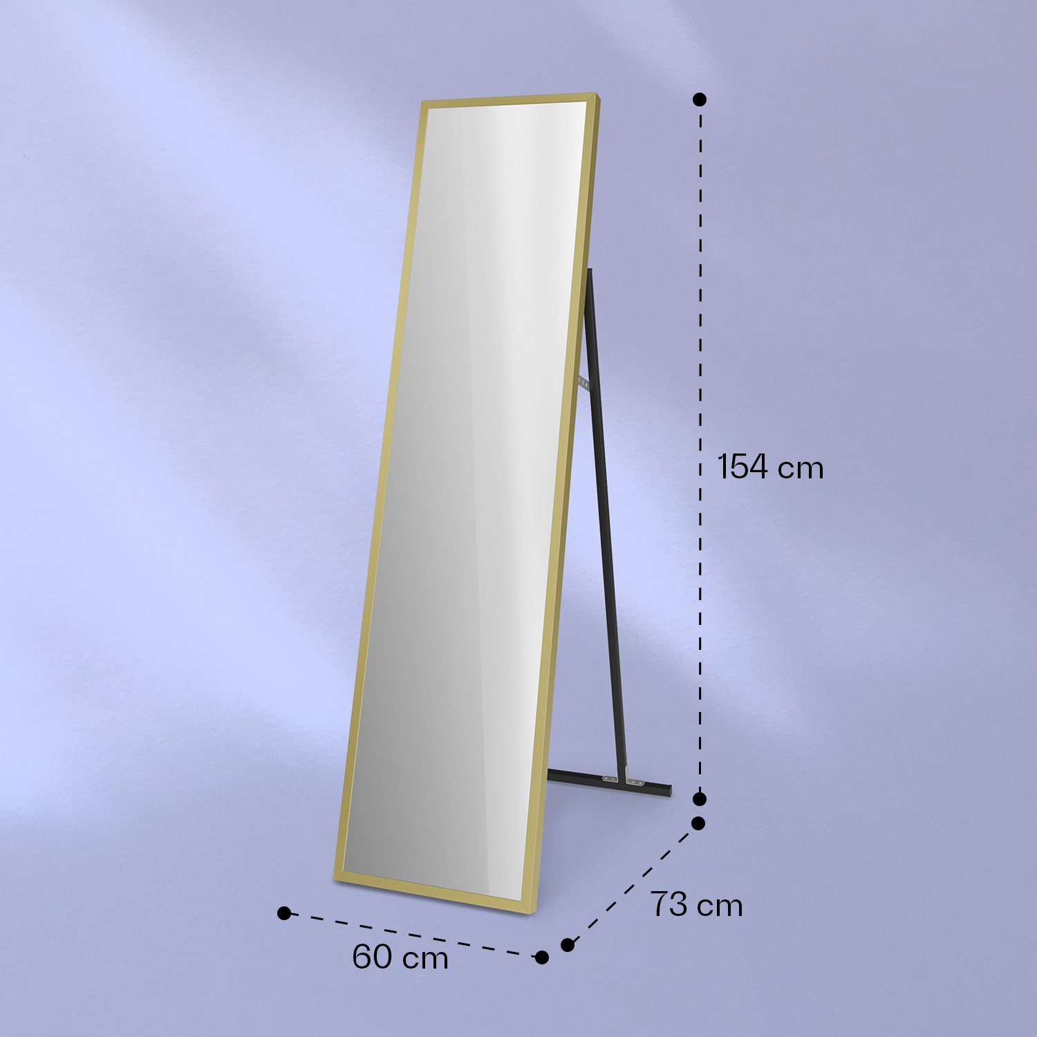 Ein rechteckiger Standspiegel mit goldenem Rahmen und schwarzen Beinen auf violettem Hintergrund, Maße 154x60x73 cm.