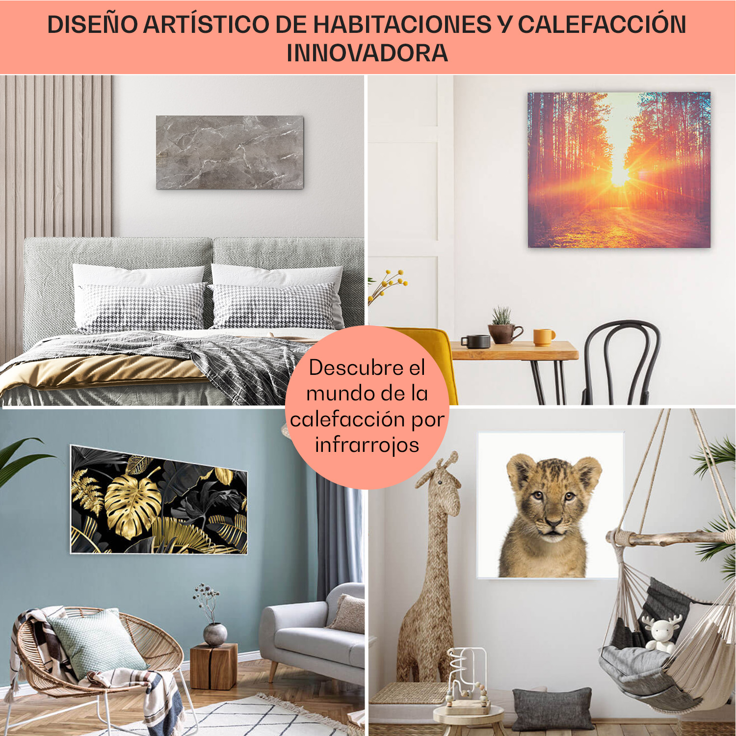 Vier Raumansichten mit Infrarotheizungen als Kunstwerke an der Wand.