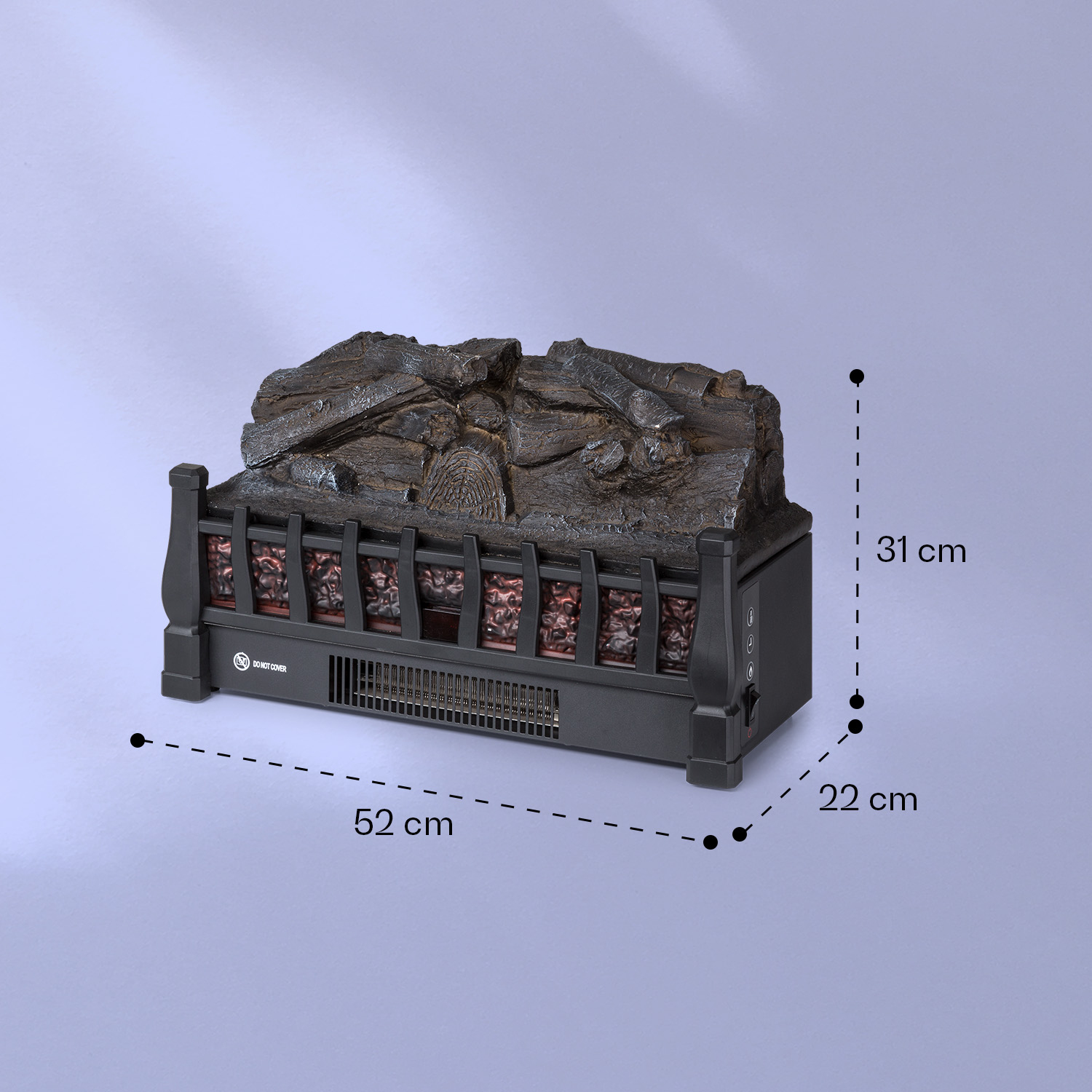 Schwarzer elektrischer Kamin mit künstlichen Holzscheiten, Maße 52x22x31 cm.