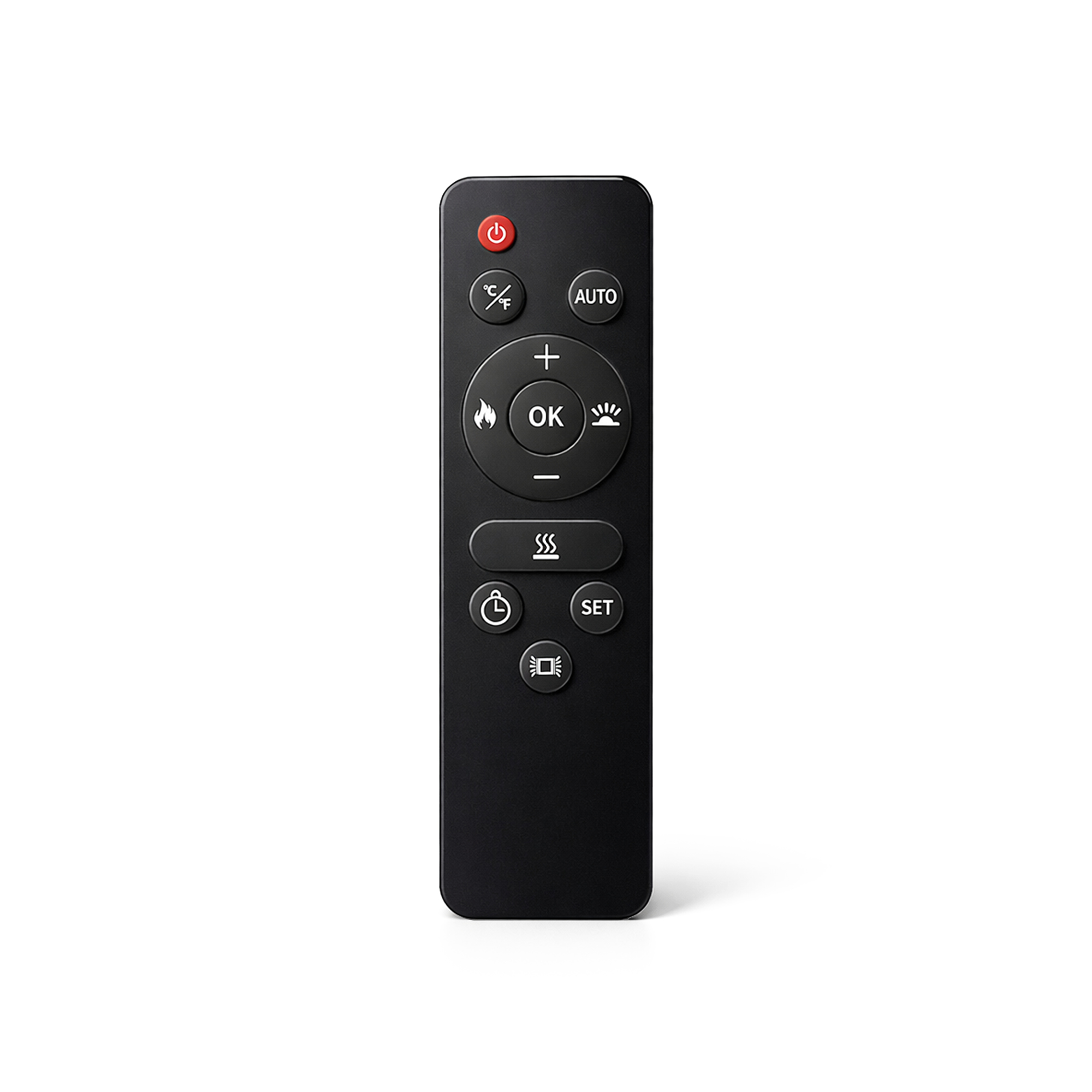Un telecomando nero con vari pulsanti, tra cui un pulsante di accensione rosso, su uno sfondo bianco.