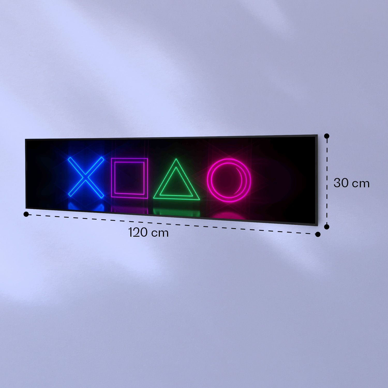 Un cartello nero rettangolare con simboli al neon, largo 120 cm e alto 30 cm, su una parete chiara.