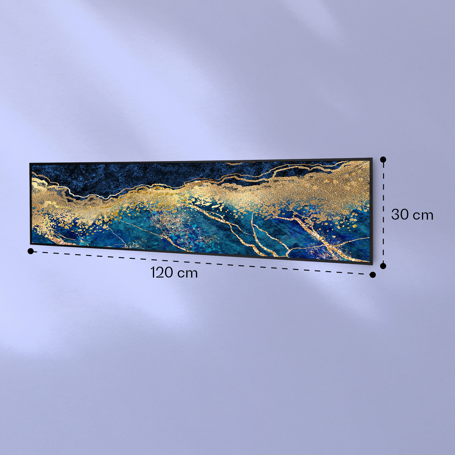 Un'opera d'arte astratta orizzontale blu e oro, larga 120 cm e alta 30 cm, su parete.