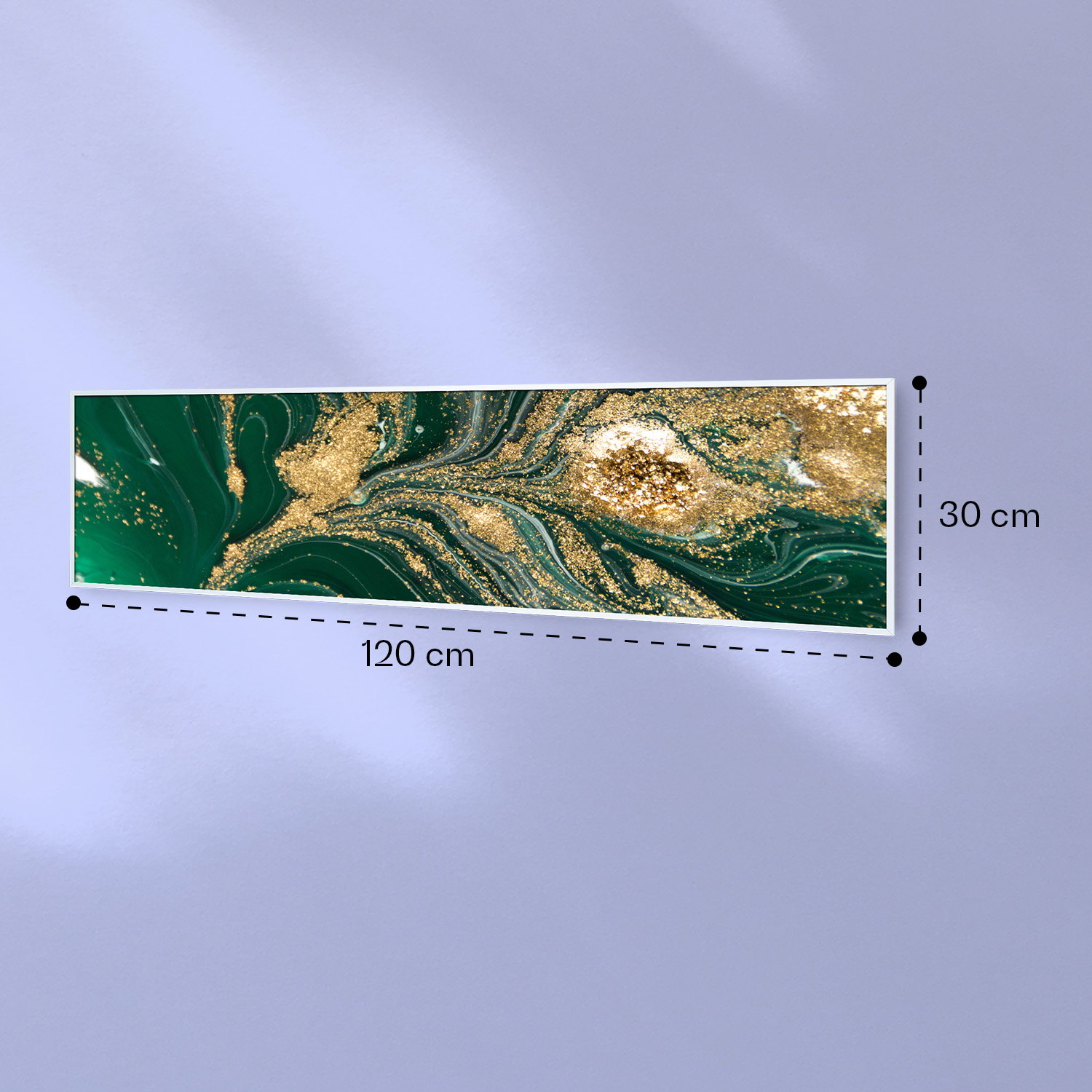 Un quadro orizzontale con cornice bianca e motivo in marmo verde e oro, 120x30 cm, su parete chiara.