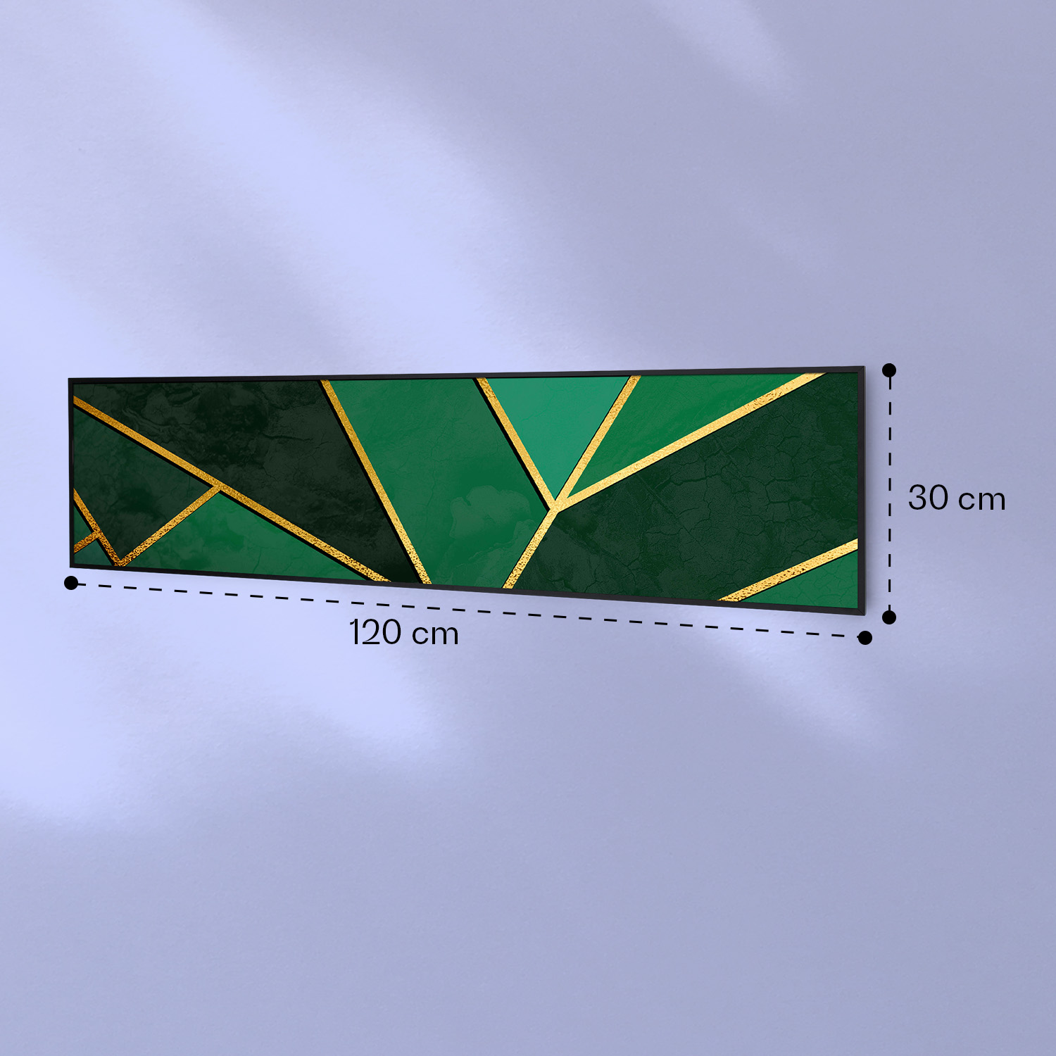 Un lungo dipinto verde con linee dorate su una parete blu, 120x30 cm.