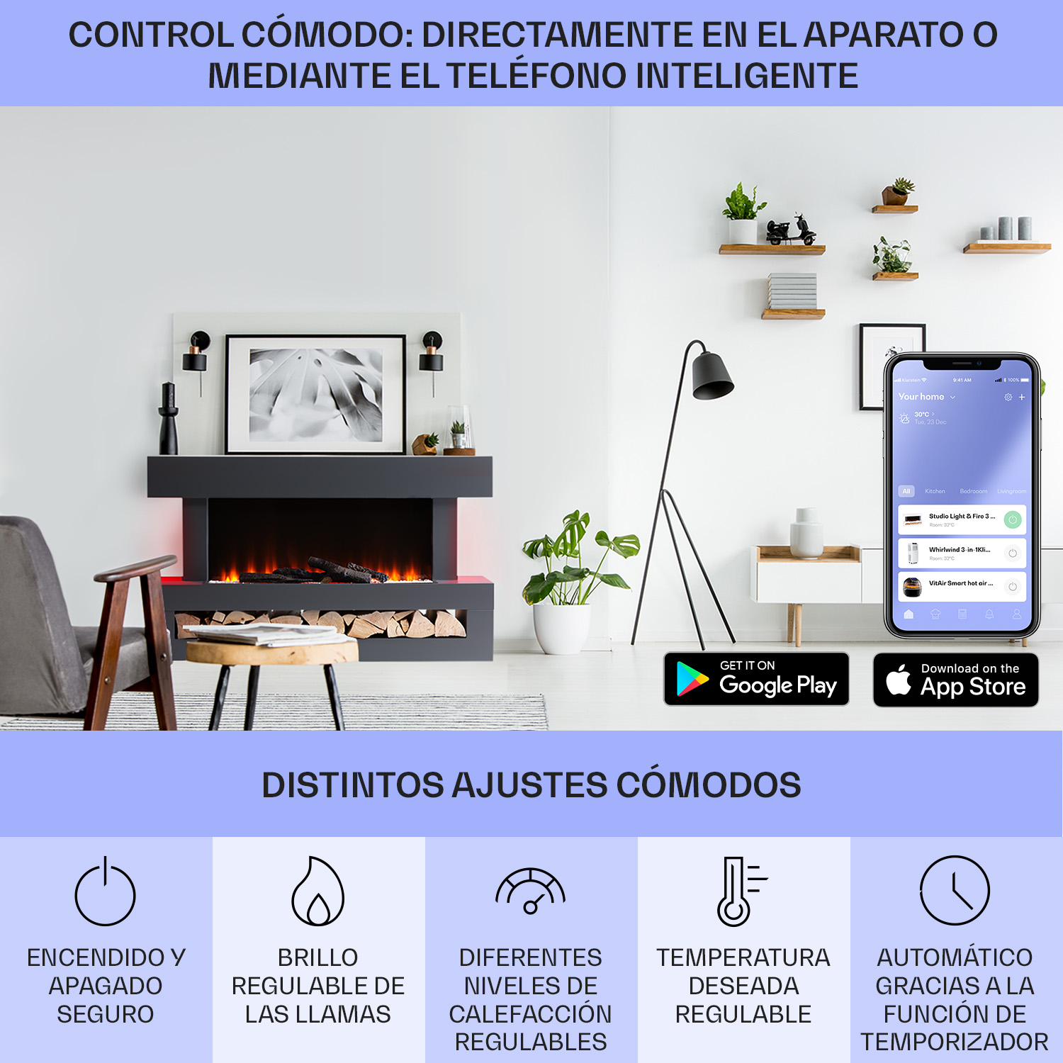 Moderno caminetto elettrico in ambiente luminoso con controllo app e varie impostazioni.