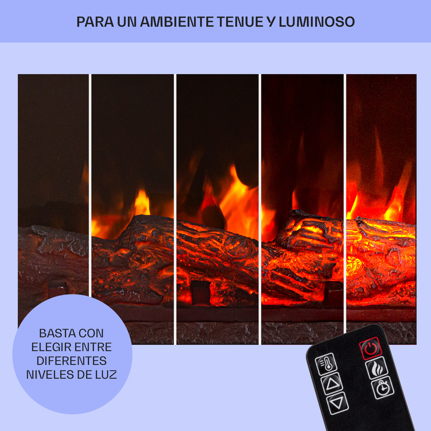 Cinque pannelli verticali mostrano i livelli di luce di un caminetto elettrico con un telecomando.
